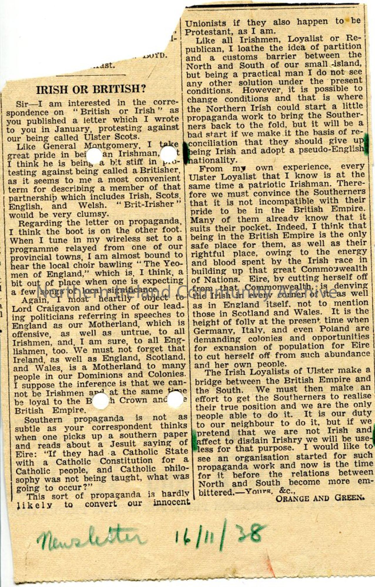 Newspaper cutting of letter from ‘Orange and Green’