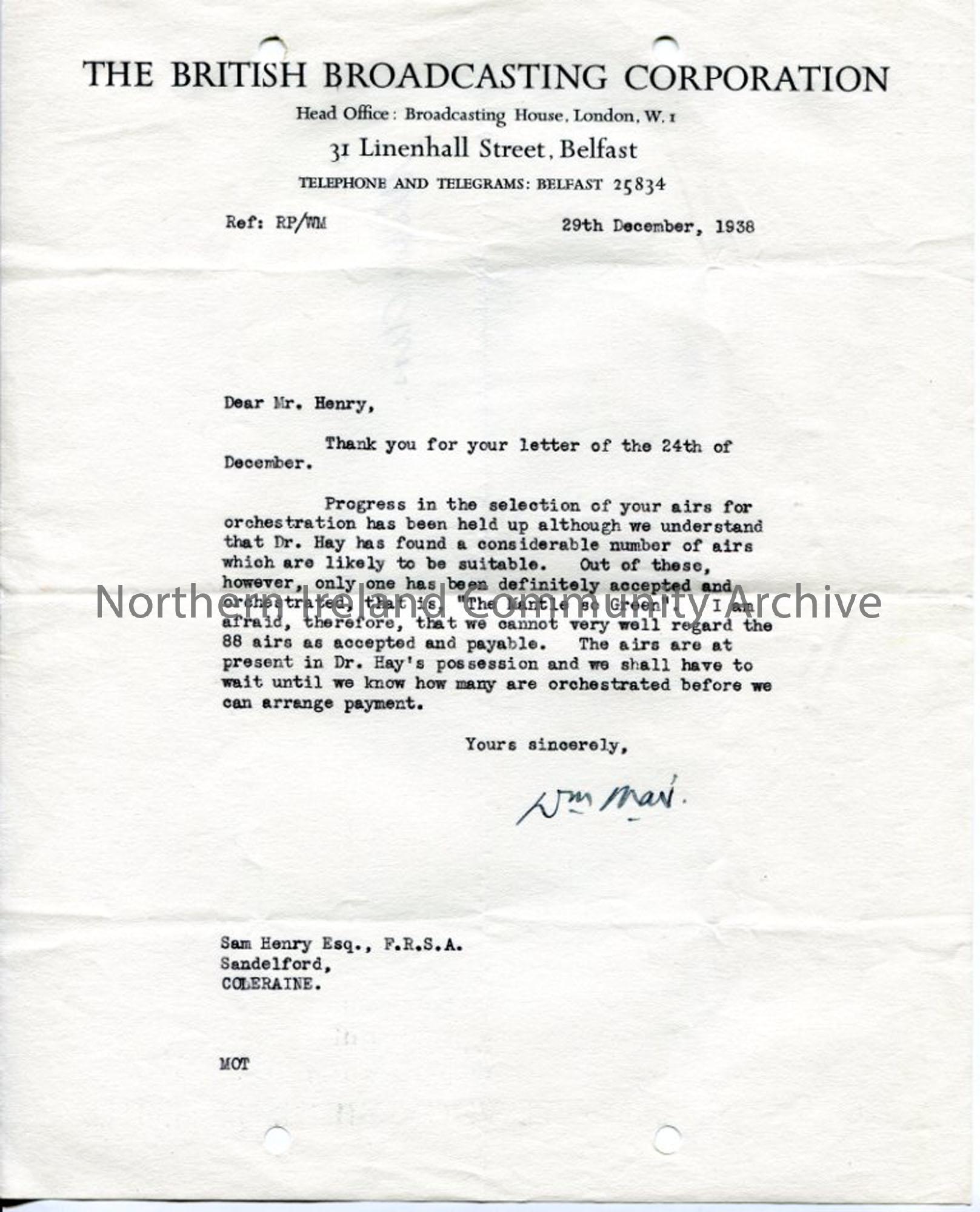 Letter from William Mar? 29.12.1938