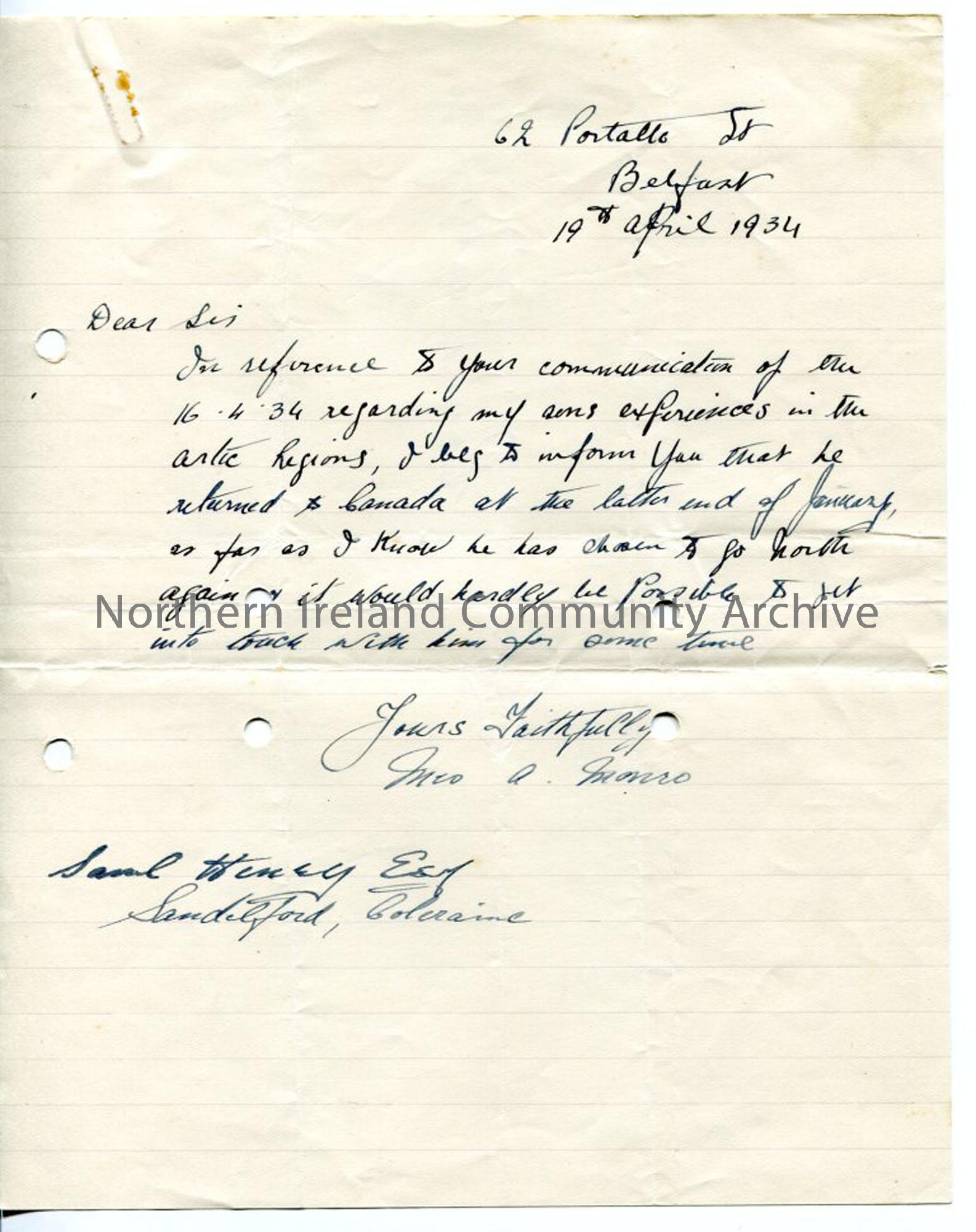 Letter from Mrs A Monro, 19.4.1934.