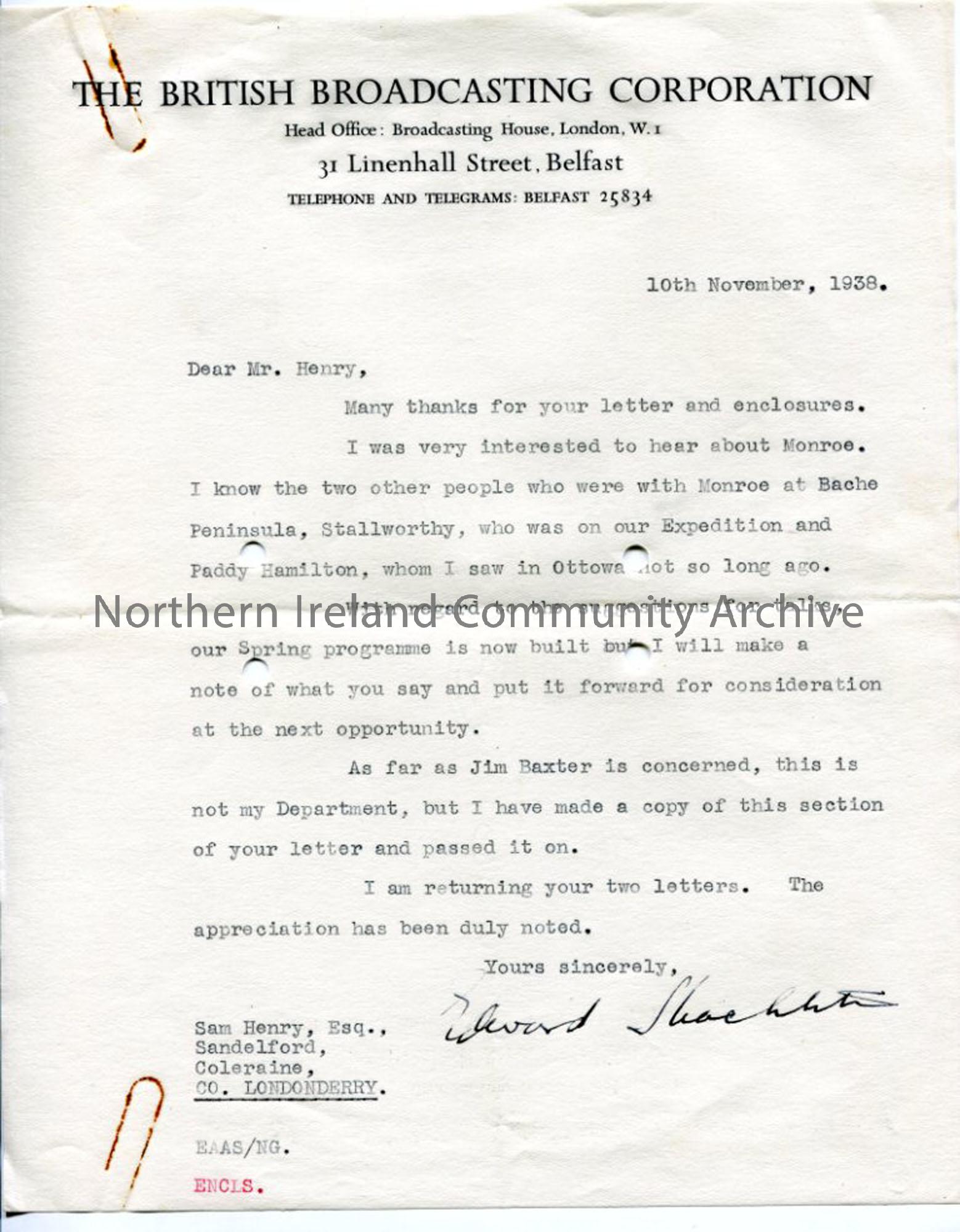 Letter from Edward Shackleton, 10.11.1938