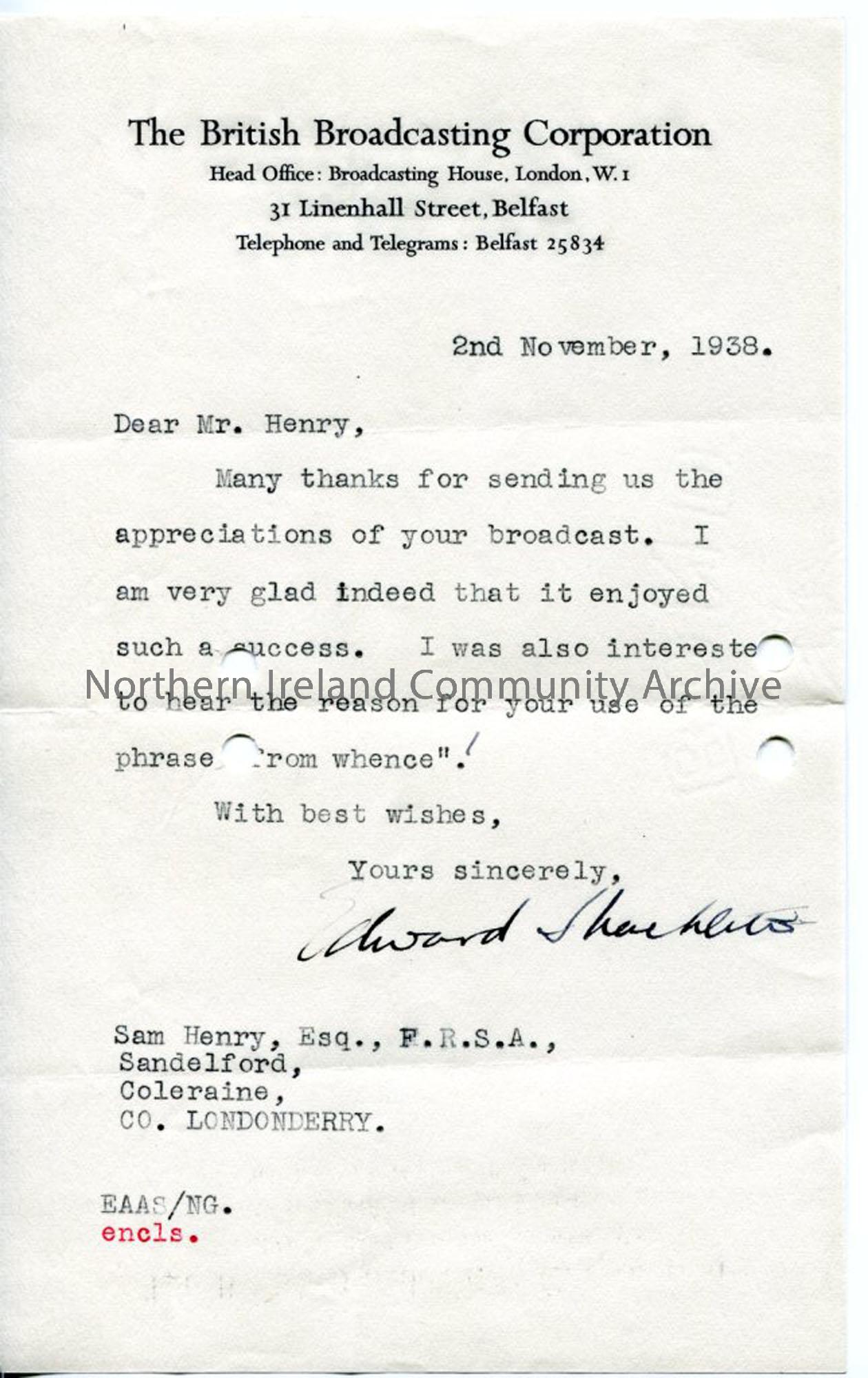 Letter from Edward Shackleton, 2.11.1938