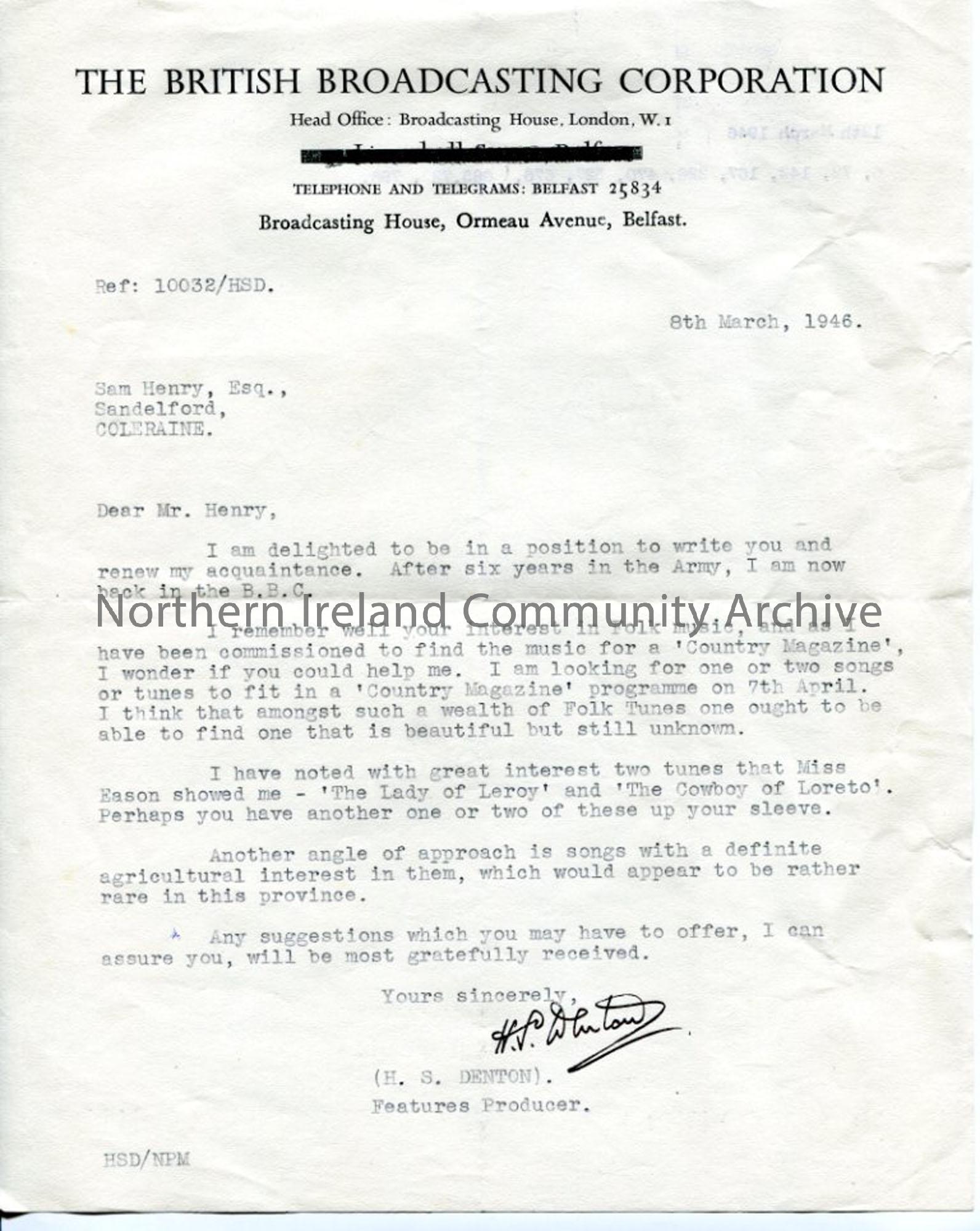 Letter from H. S. Denton, 8.3.1946