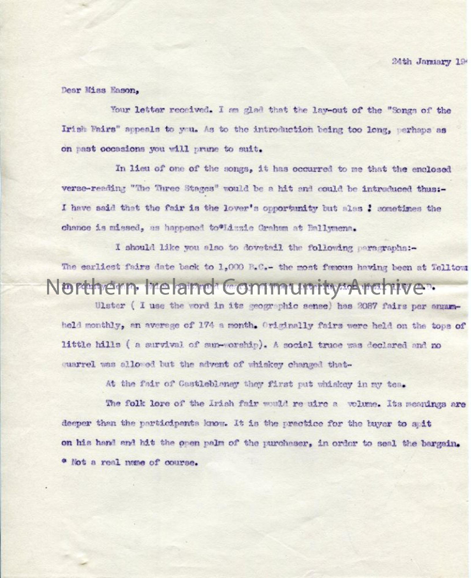 Page 1 of 2: Letter to Miss Eason,  29.1.1944