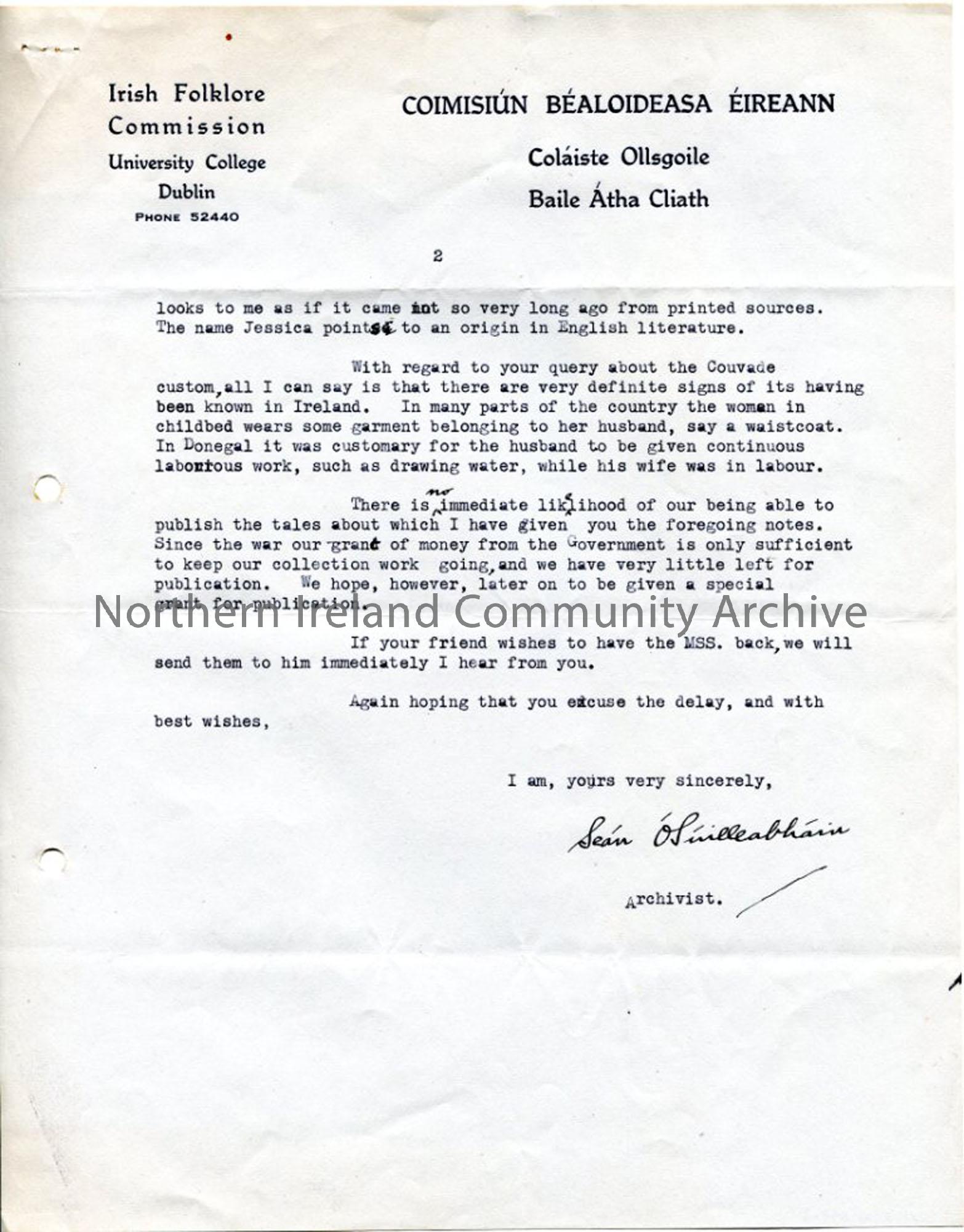 Page 2 of 2 – letter from Sean O’Suilleabhain, 24.3.1944
