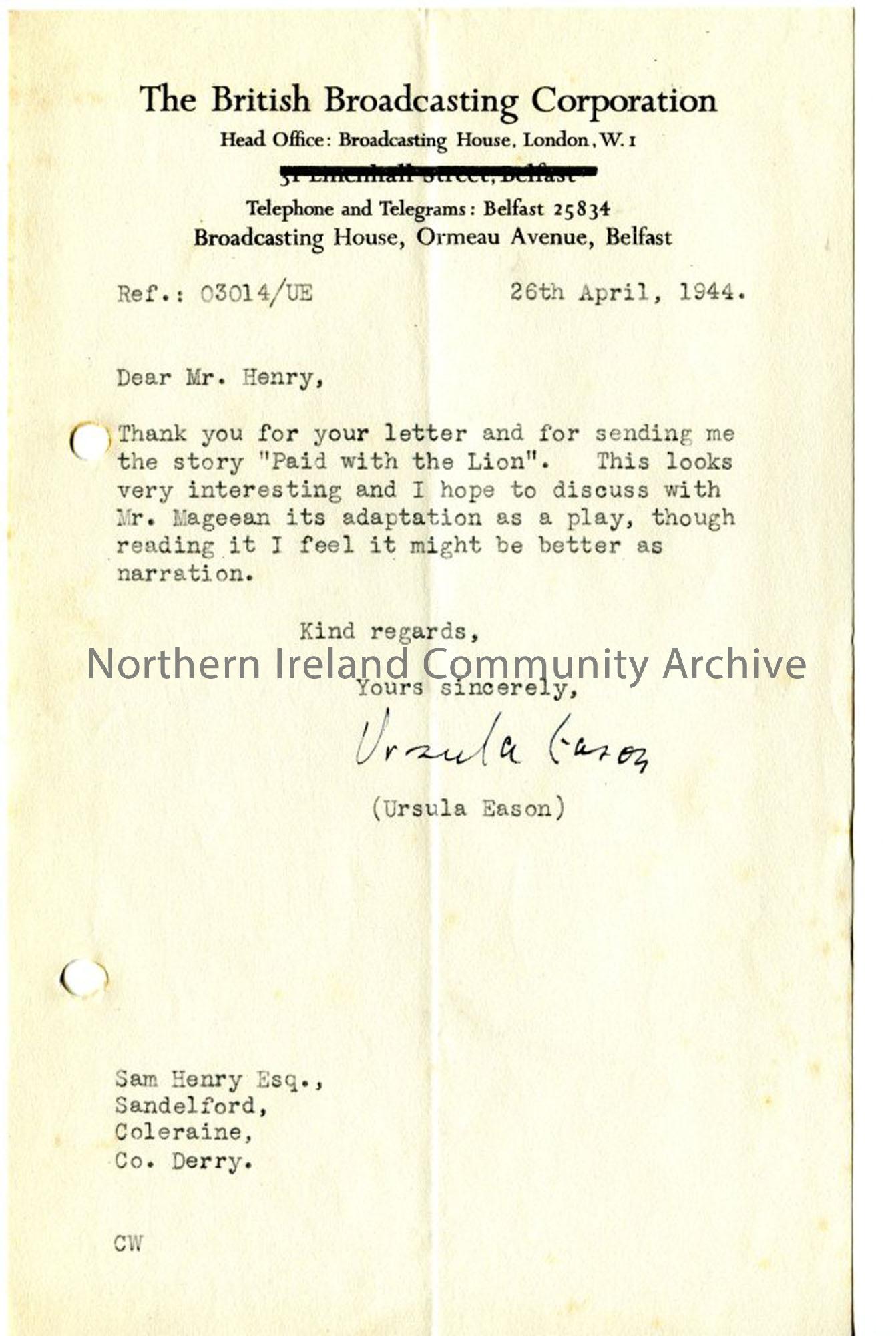 Letter from Ursula Eason, 20.4.1944