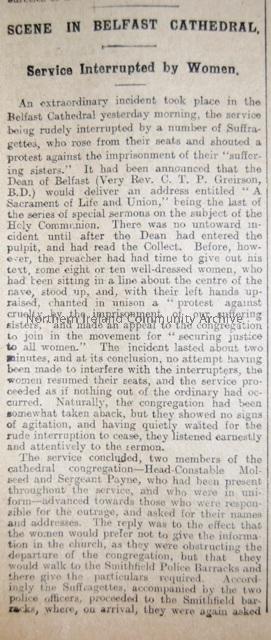 “Scene in Belfast Cathederal, Service interrupted by Women”