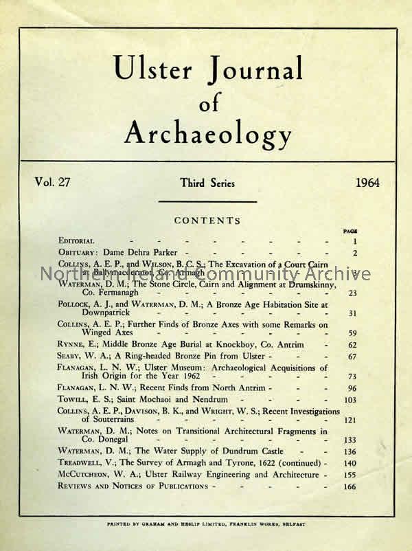 book titled, Ulster Journal of Archaeology. Third Series Volume 27. 1964. With two letters, ‘Notice To Members’ and ‘Northern Ireland From The AIR (ed. R.Common) (3851)