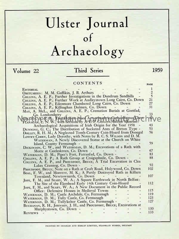 book titled, Ulster Journal of Archaeology. Third Series Volume 22, 1959 (4427)