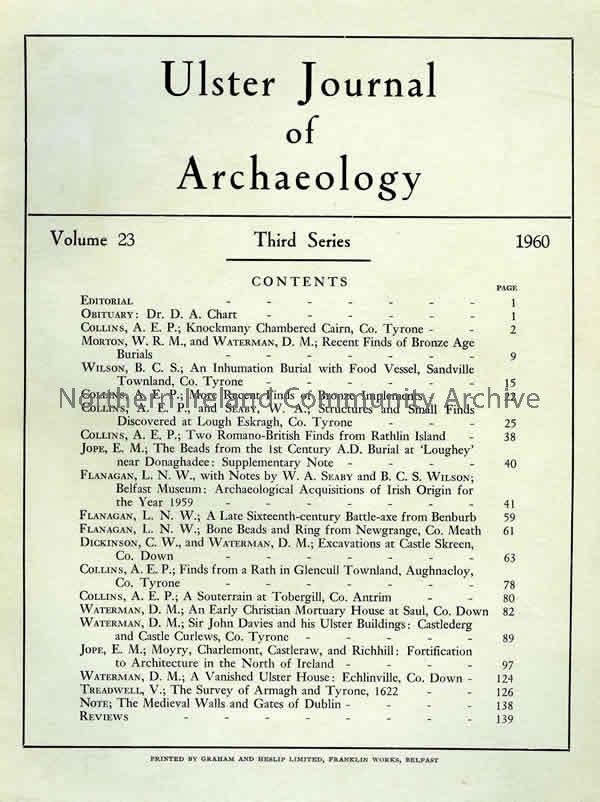 book titled, Ulster Journal of Archaeology. Third Series Volume 23, 1960. (5200)