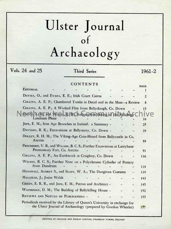 book titled, Ulster Journal of Archaeology. Third Series Volume 24 ad 25, 1961-2 (5758)