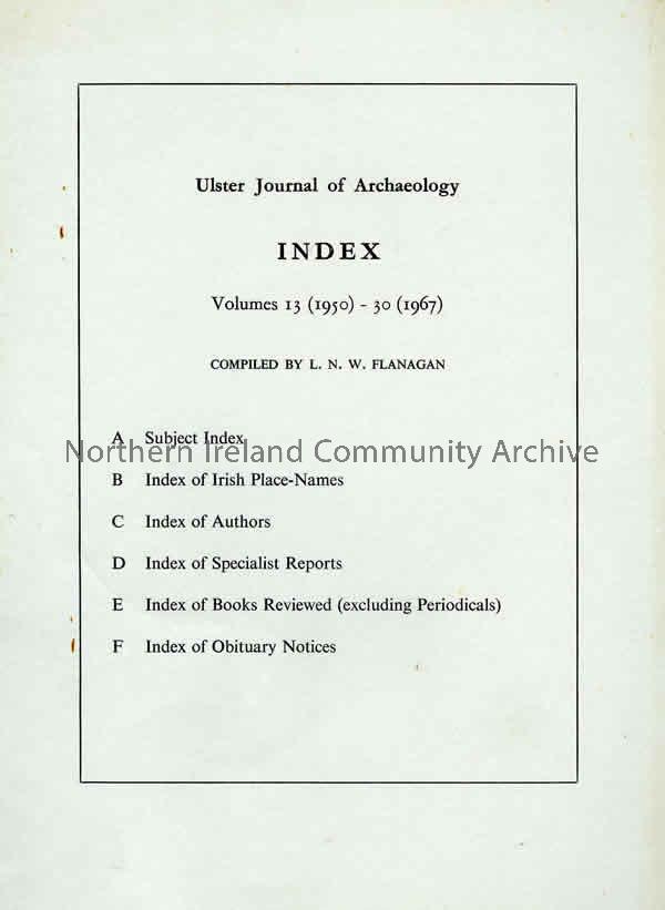 book titled, Ulster Journal of Archaeology. Index, Volumes 13 (1950)-30 (1967) (6399)