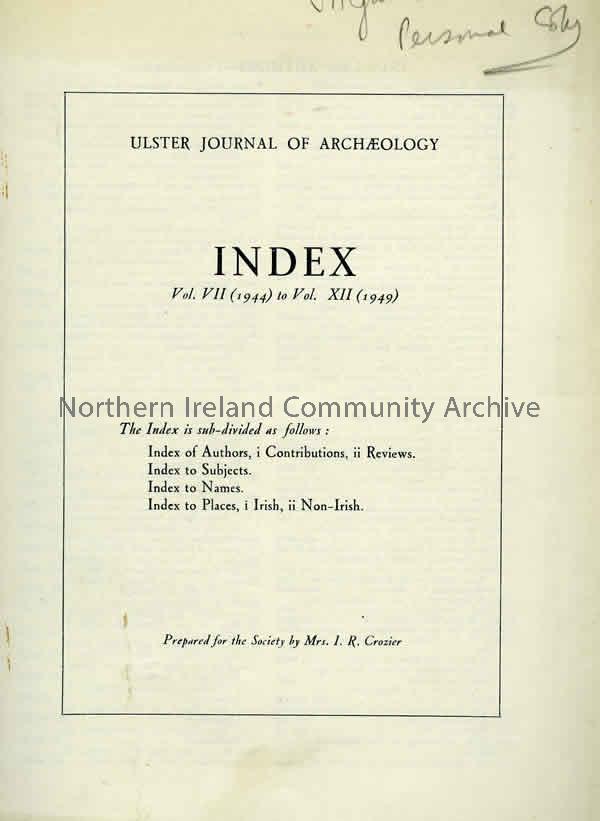 book titled, Ulster Journal of Archaeology. Index Vol.VII (1944) to Vol. XII (1949) (3652)