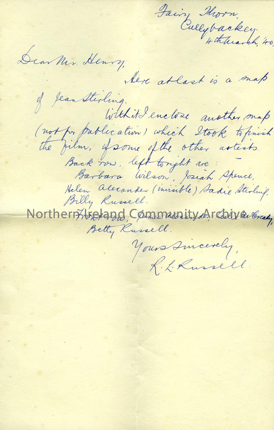 Letter from R L Russell, 4.3.1940