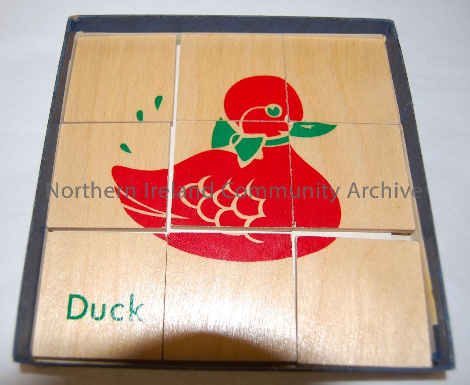 ‘Early Stages/first number jigsaw/Subtraction Set S3’. Jigsaw to assist learning, 9 wooden pieces making up a green and red illustration of duck. Cont… – 1998.307 (3)