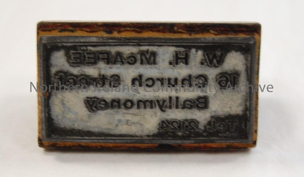 W.H McAfee with address wooden stamper. – 2010.393 (2)