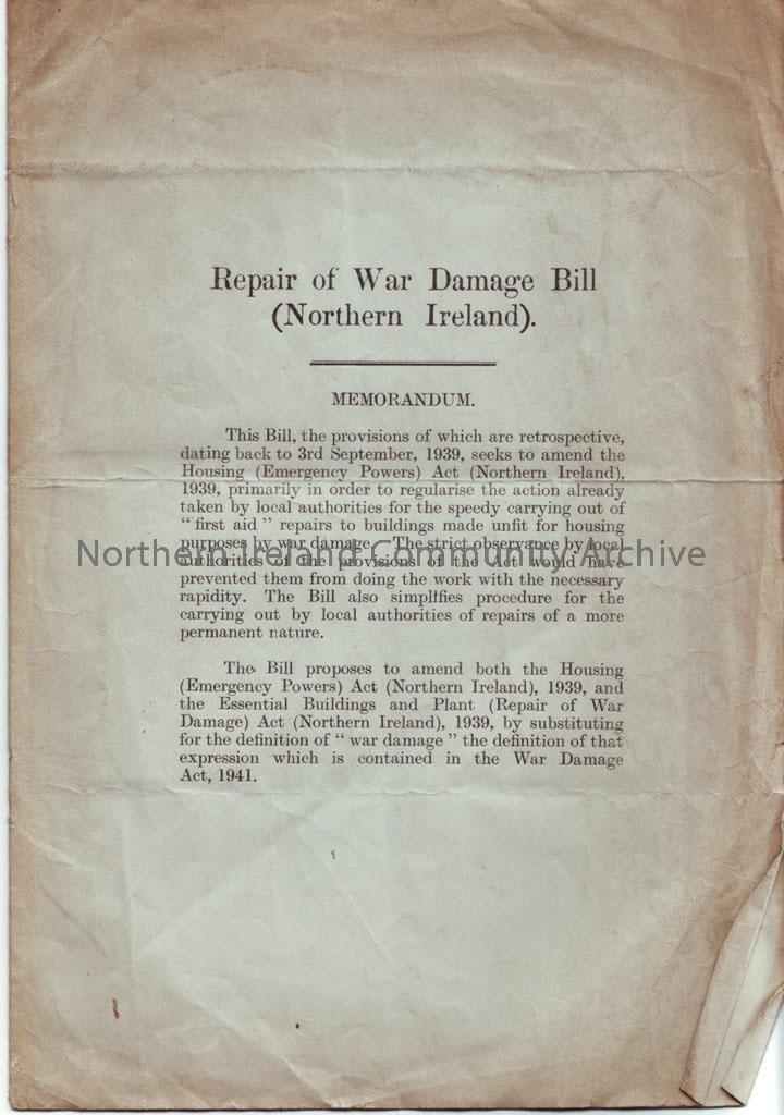 Landlord and Tenant (War Damage) Bill (Northern Ireland) 2nd & 10th September 1941 – 2010.496 (2)