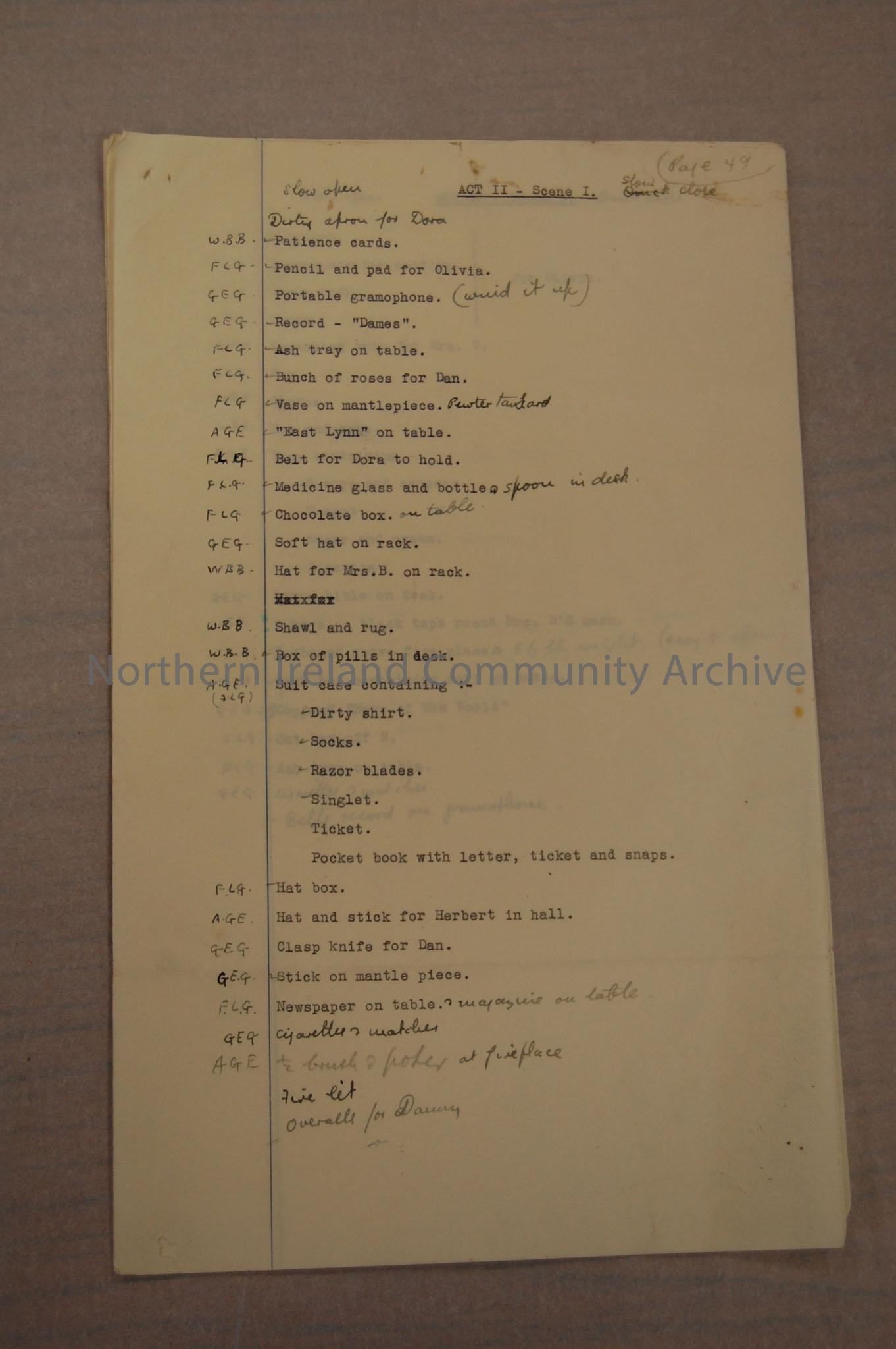 5 pages of typed set directions and props for production of Night Must Fall – 2014.45 (1)