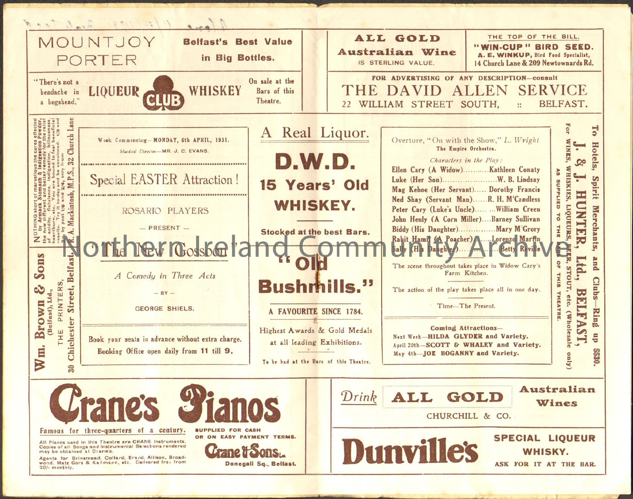 Belfast Empire Theatre programme 6.45 and 8.50 twice nightly, 11th April 1931. Cream leaflet with brown writing and decoration. – 2015.97 (2)