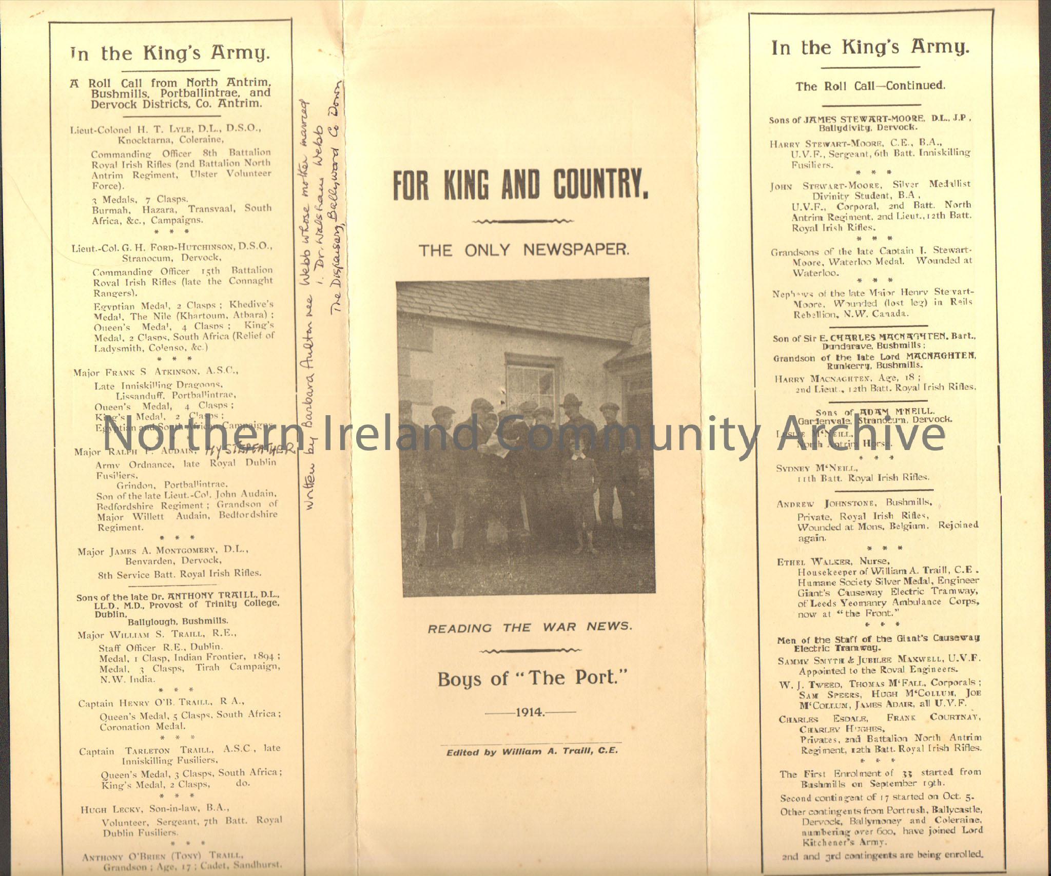 “For King and Country…The Only Newspaper…Boys of “The Port.”” Cream coloured leaflet with photograph a group of men wearing flat caps reading a ne… – 2015.99 (2)