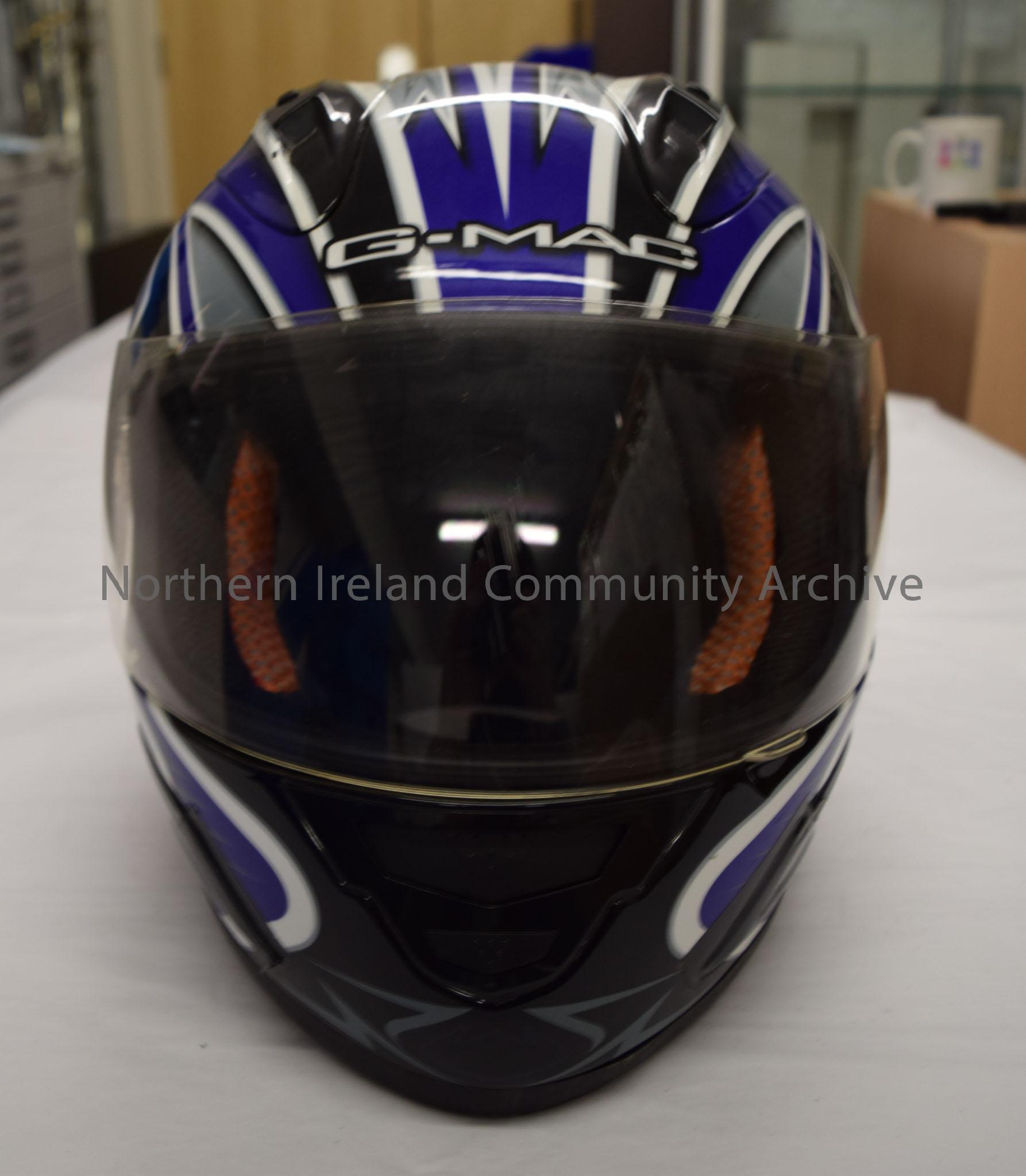 G-Mac motorcycle helmet. Blue, black, white and grey patterned. – 2016.15 (2)
