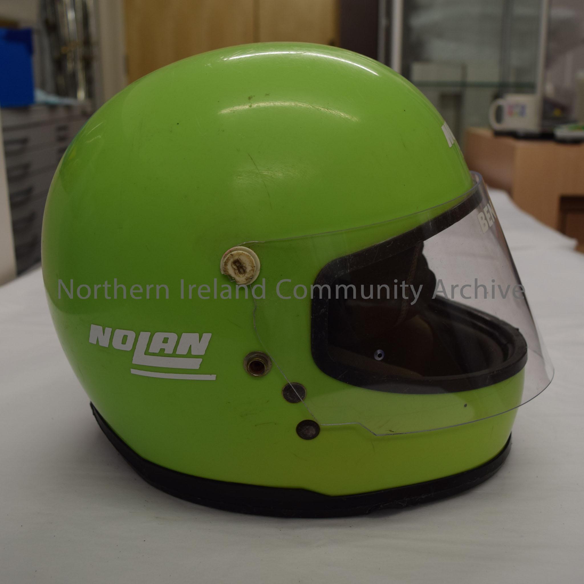 Nolan motorcycle helmet belonging to Ben Harris. Plain lime green – 2016.22 (5)