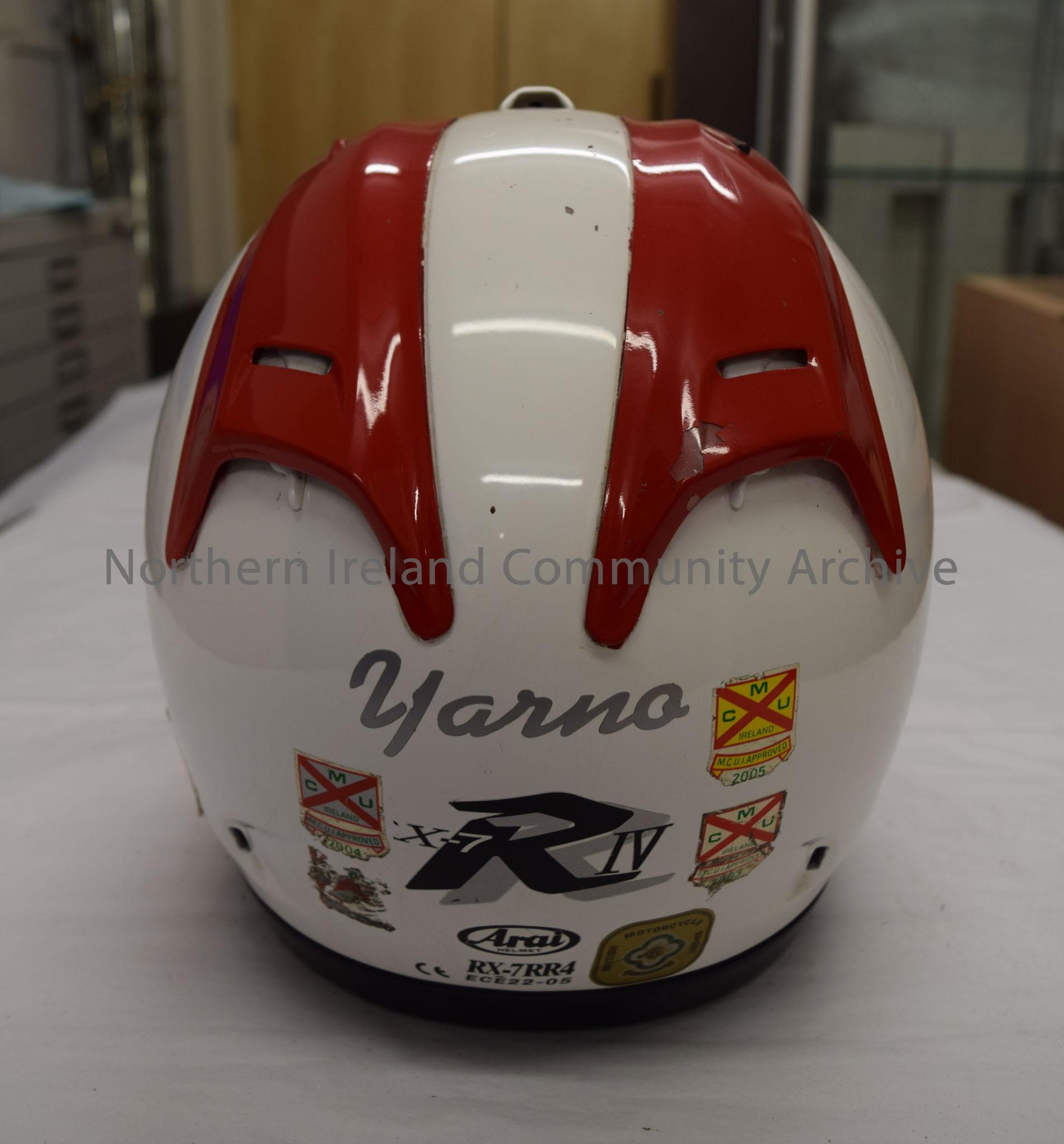 Arai motorcycle helmet belonging to Yarno Holland. White with red vents on the top – 2016.3 (4)