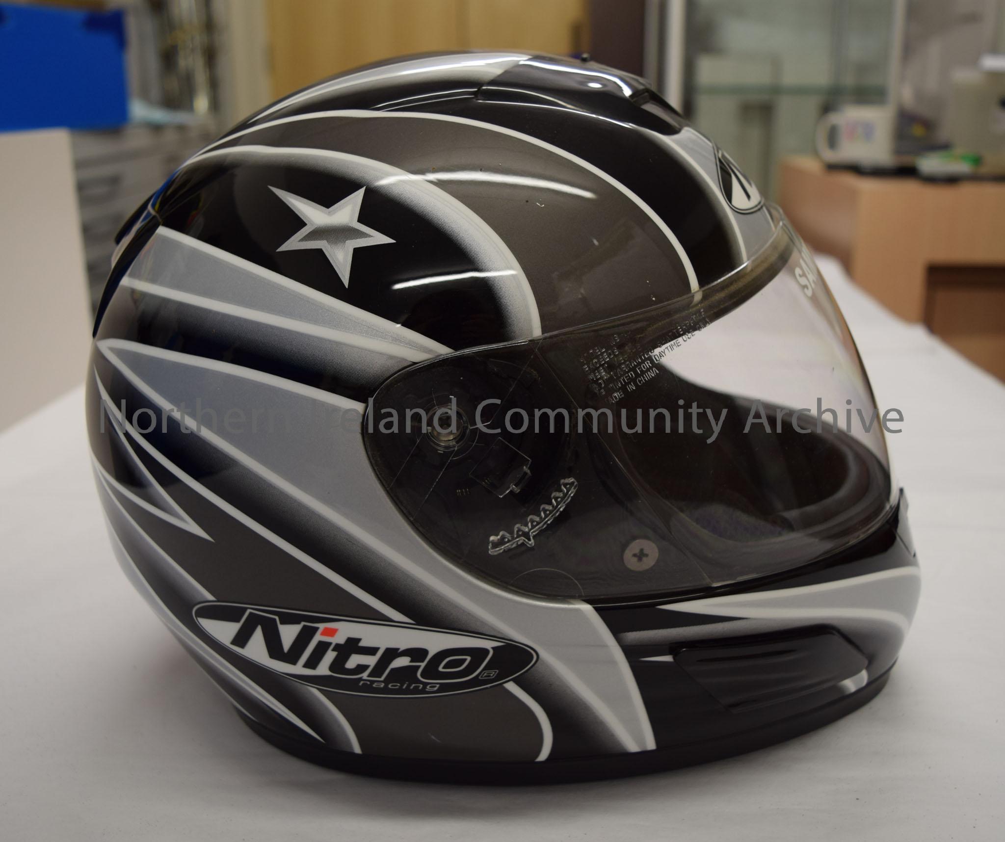 Helmet with Sammy Bentley written on it. Black with white and silver/grey art. Nitro Racing helmet. – 2016.33 (5)