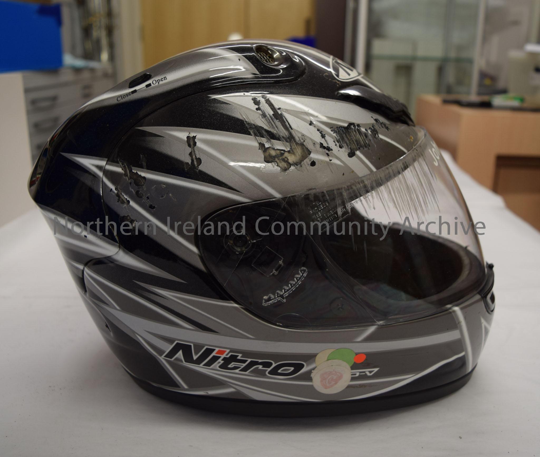 Nitro Racing motorcycle helmet belonging to Johnny Quinn. Shimmering black with grey and white “spiked” pattern. – 2016.69 (5)