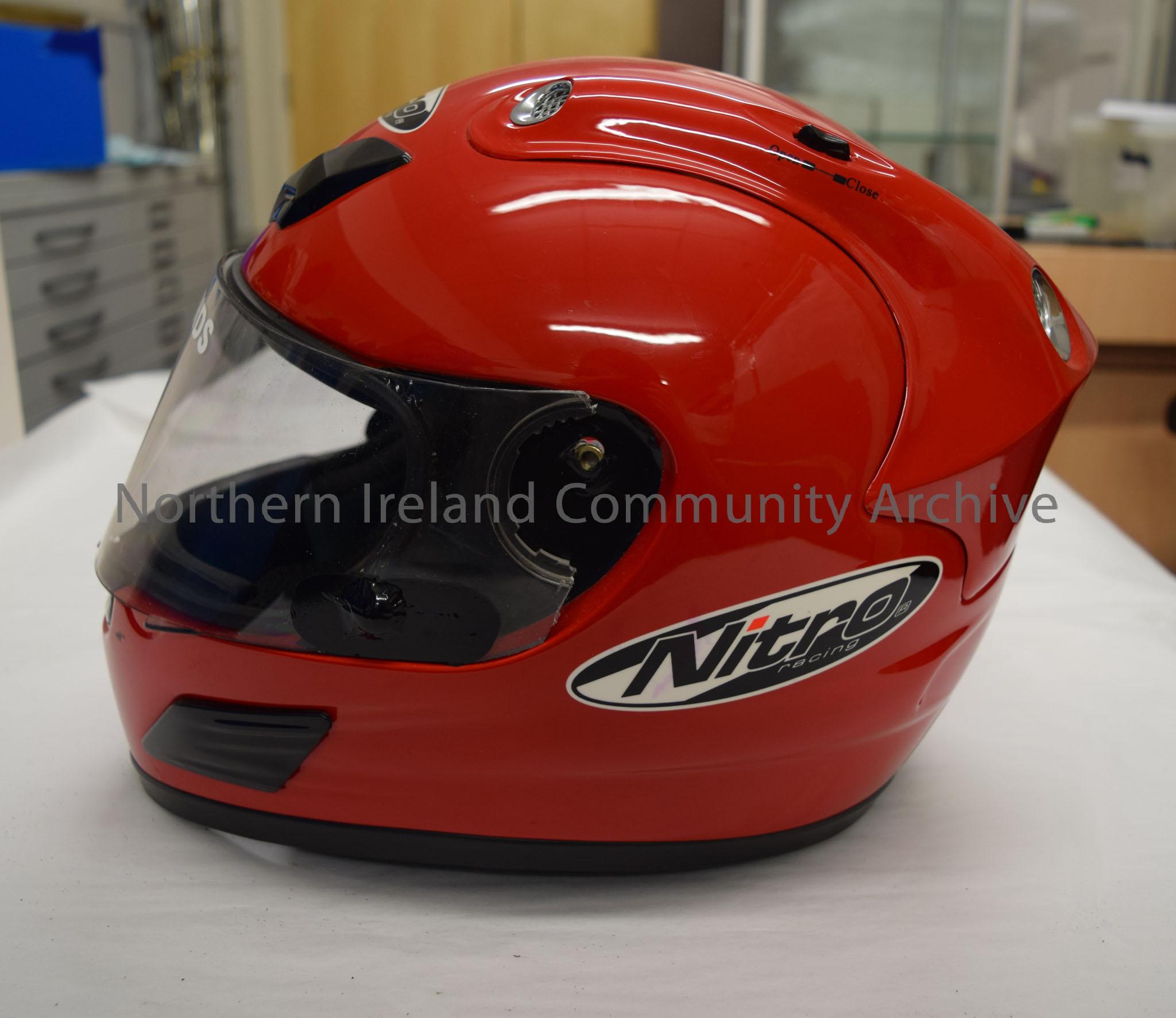 Nitro Racing motorcycle helmet belonging to Jack Sands. Plain red with silver vents. – 2016.78 (3)