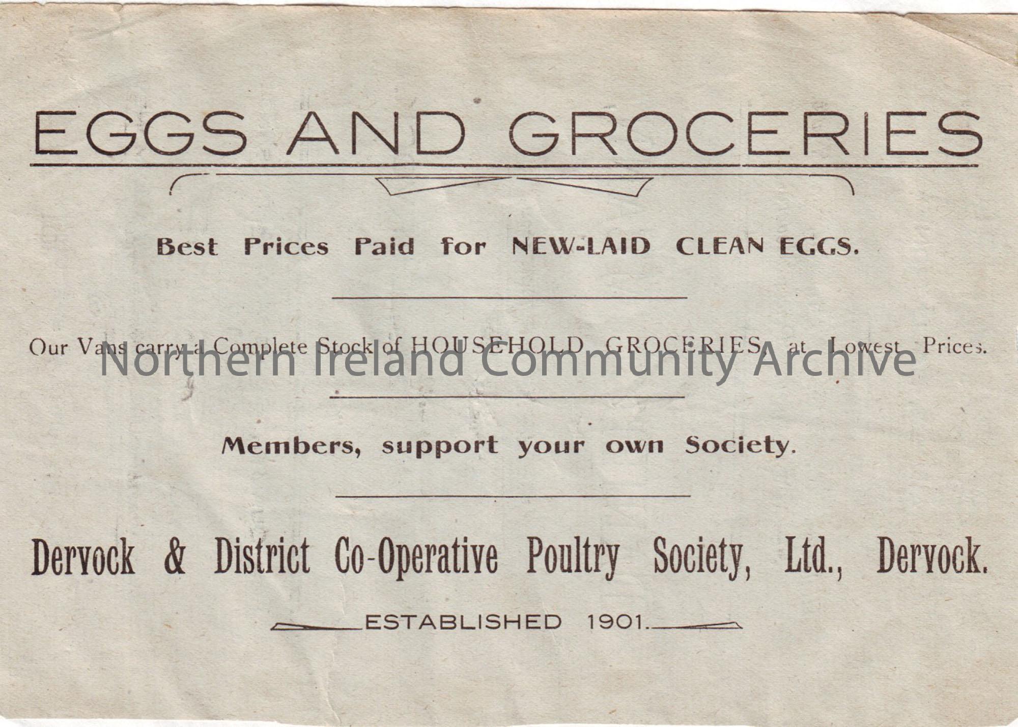 Advert for Dervock and District Co-Operative Poultry Society.