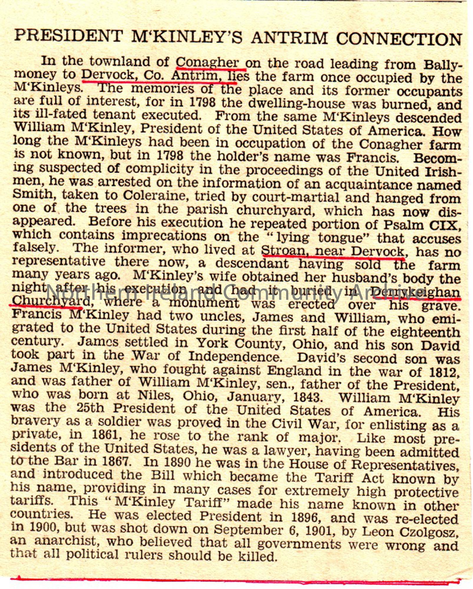 Article detailing President McKinley’s Antrim Connections.