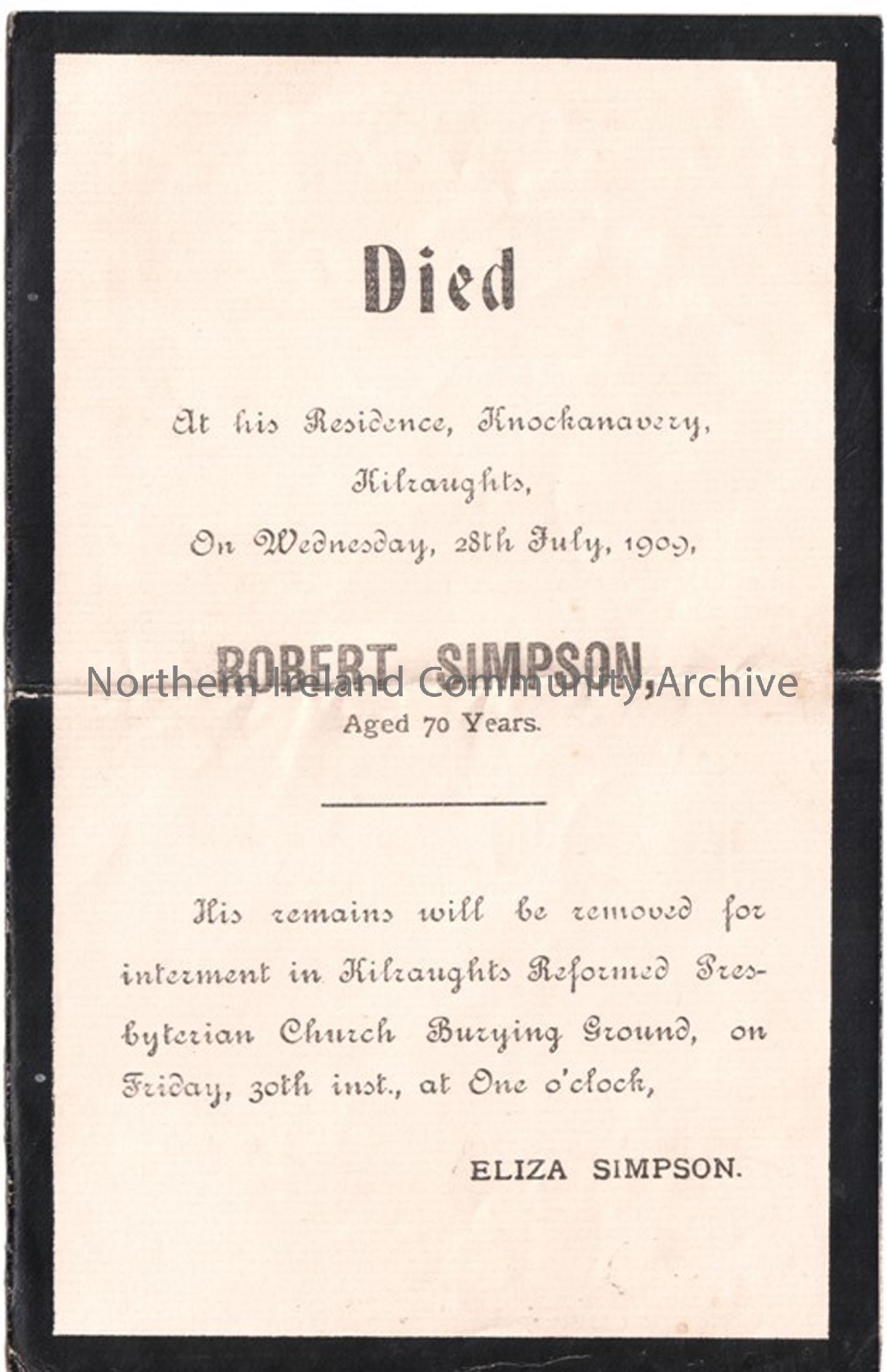 Death notice of Mr Robert Simpson, of Knockanavery, d. 28th July 1909, aged 70 years
