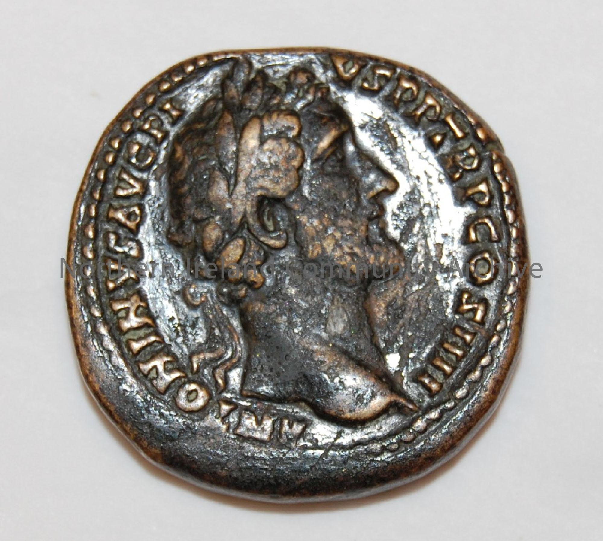 Roman Coin, bears head of Emperor Antoninus Pius (AD 86 -161)