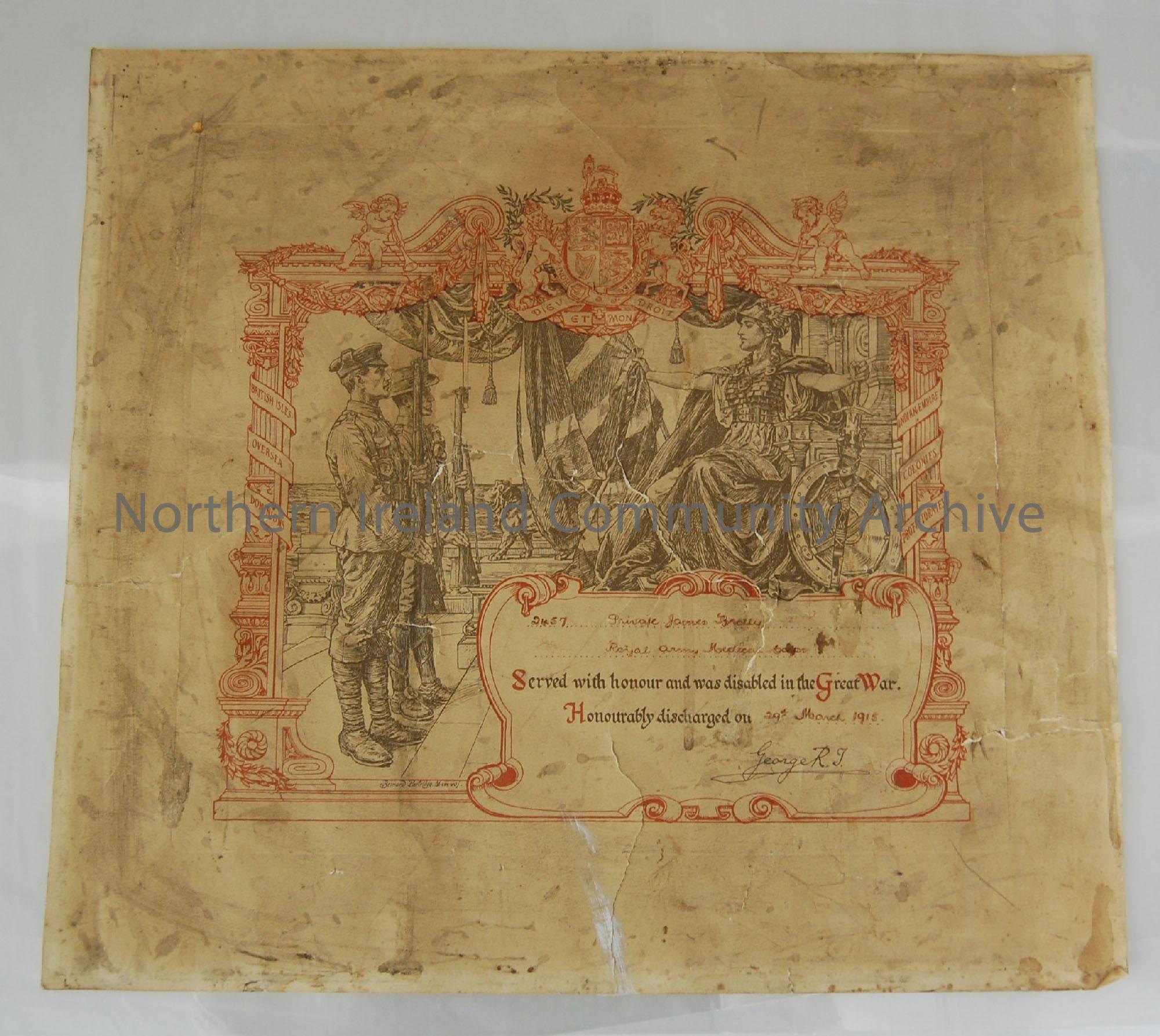 Certificate for Honourable Discharge, 29 March 1915, Pte. James Brolly, Royal Army Medical Corp. The image on the certificate portrays Britannia salut…