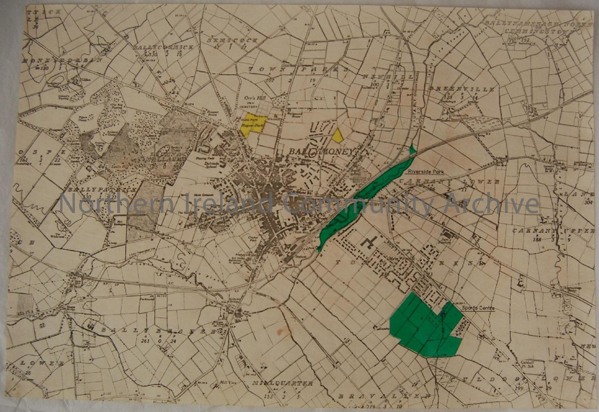 Map showing location of Riverside Pk and Sports Centre. Map has plastic coating to highlight, in green, Riverside Pk and Sports Centre, in yellow Mega…