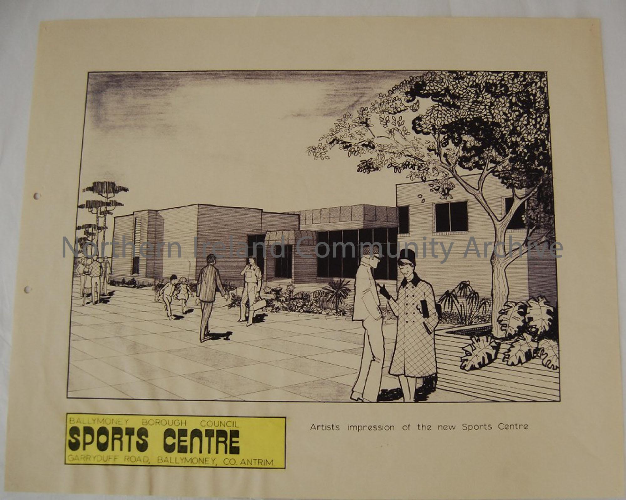 Drawing of the Sports Centre, looking at it from the front; see BHC:1998.165