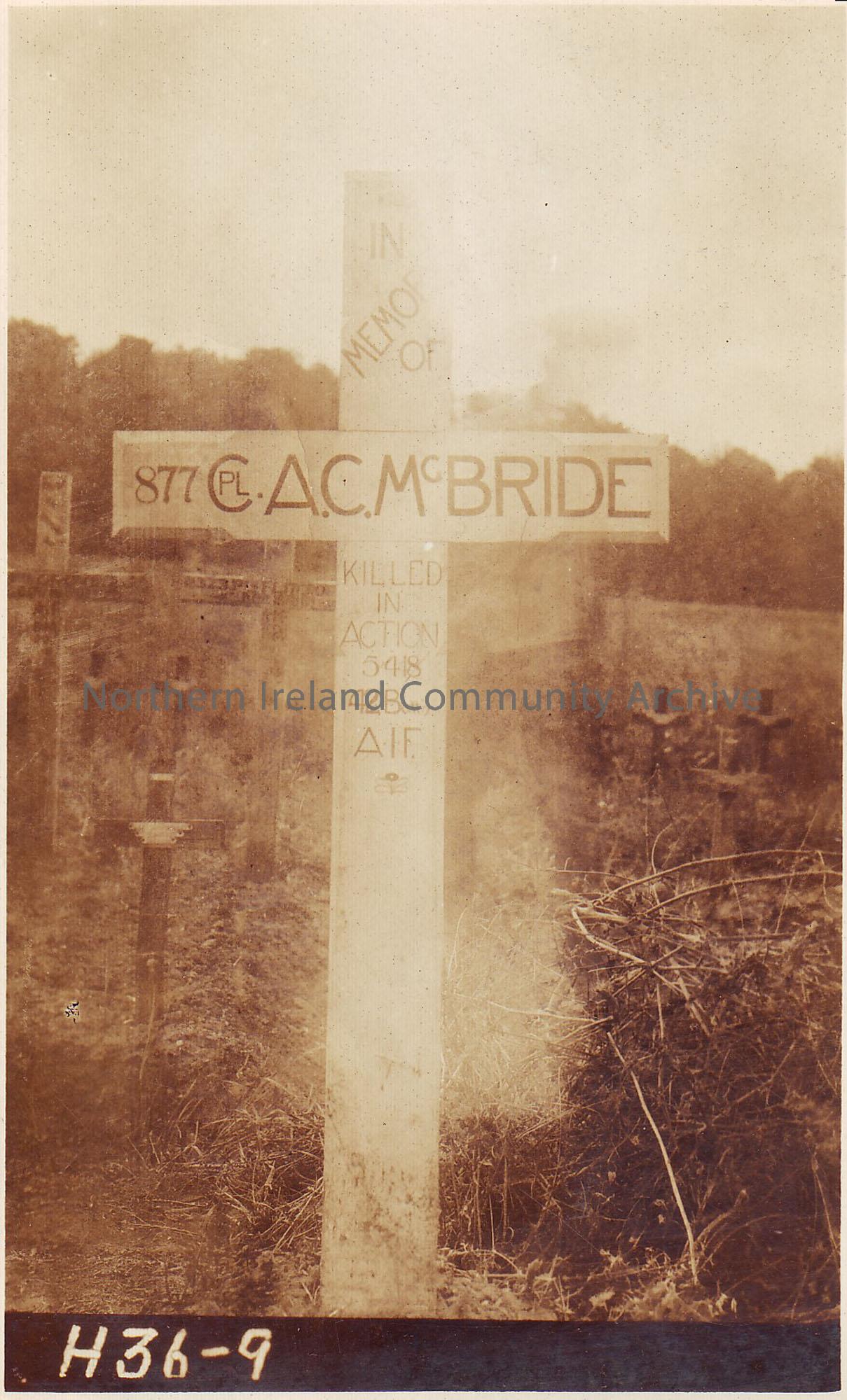 Notification of location of the war grave of A.C. McBride Corporal 42nd Battalion, Australian Imperial Force. Fading black and white photograph with g…