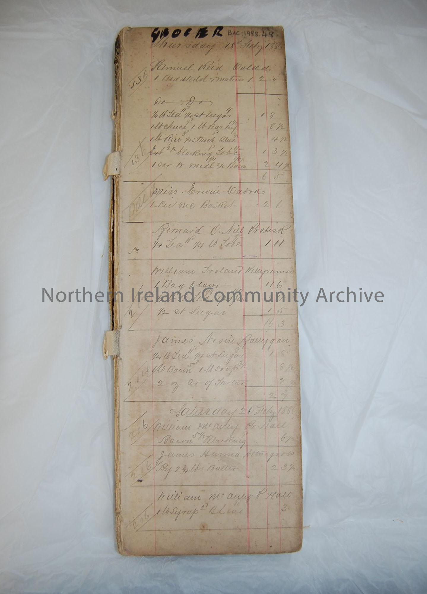 Grocers receipt book. Thursday 18 July 1886 -Monday 23 May 1887 listing purchasers and what they bought