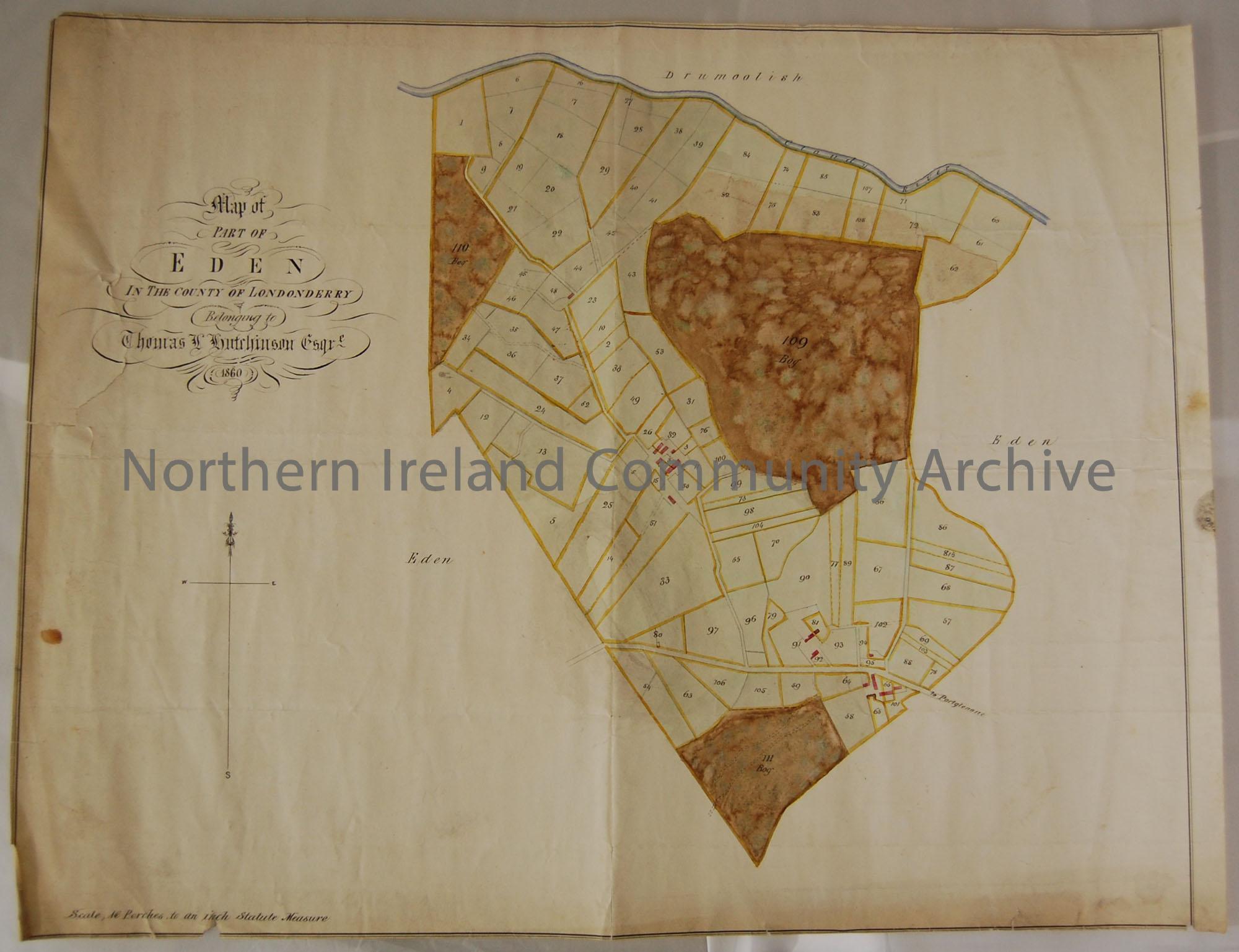 Map of part of Eden in the County of Londonderry belonging to Thomas L. Hutchinson Esqre 1860. Map showing the numbered tenancy areas in the estate; s…
