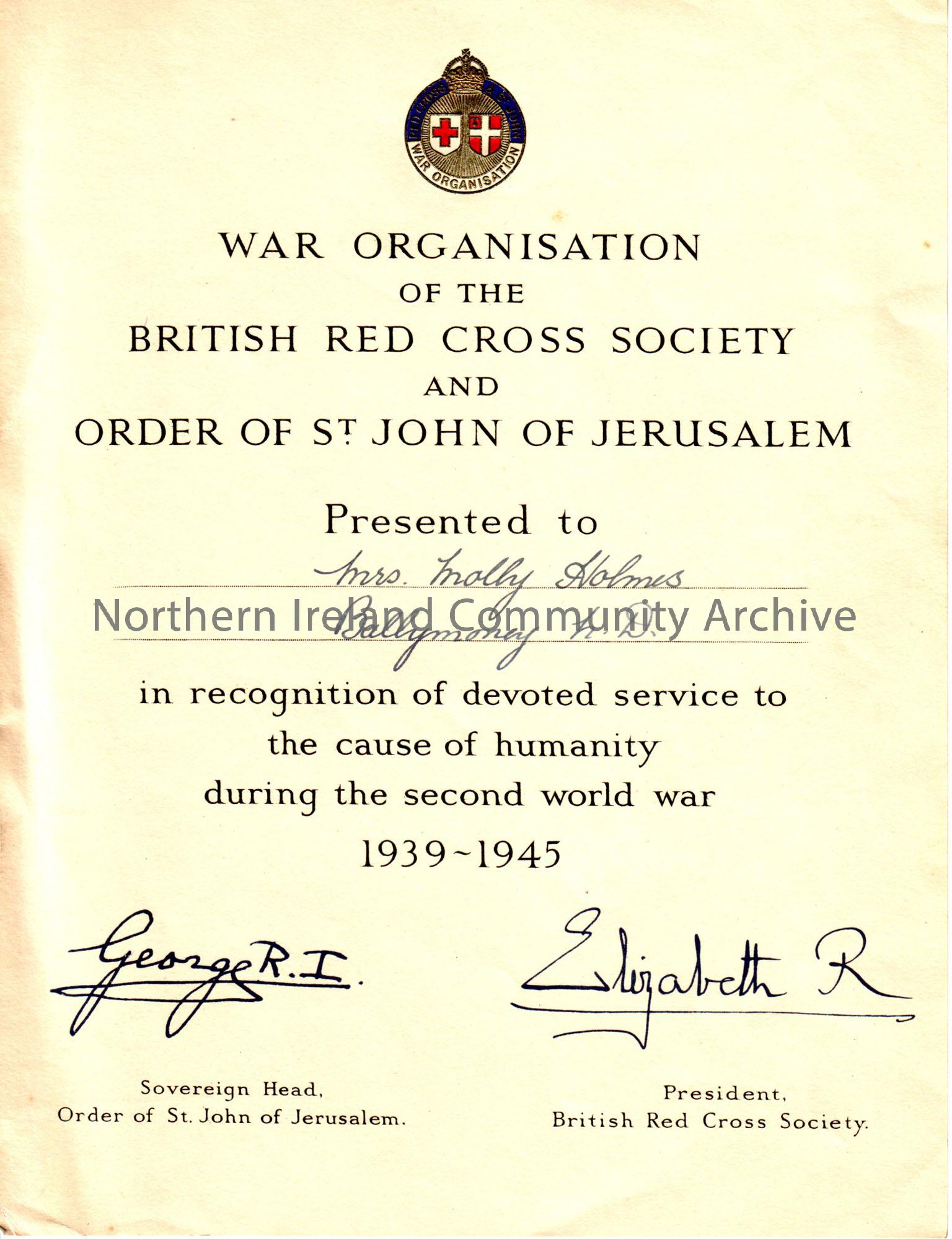 Award presented to Mrs Molly Holmes by the British Red Cross Society and The Order of St John of Jerusalem, in recognition of service during the secon…