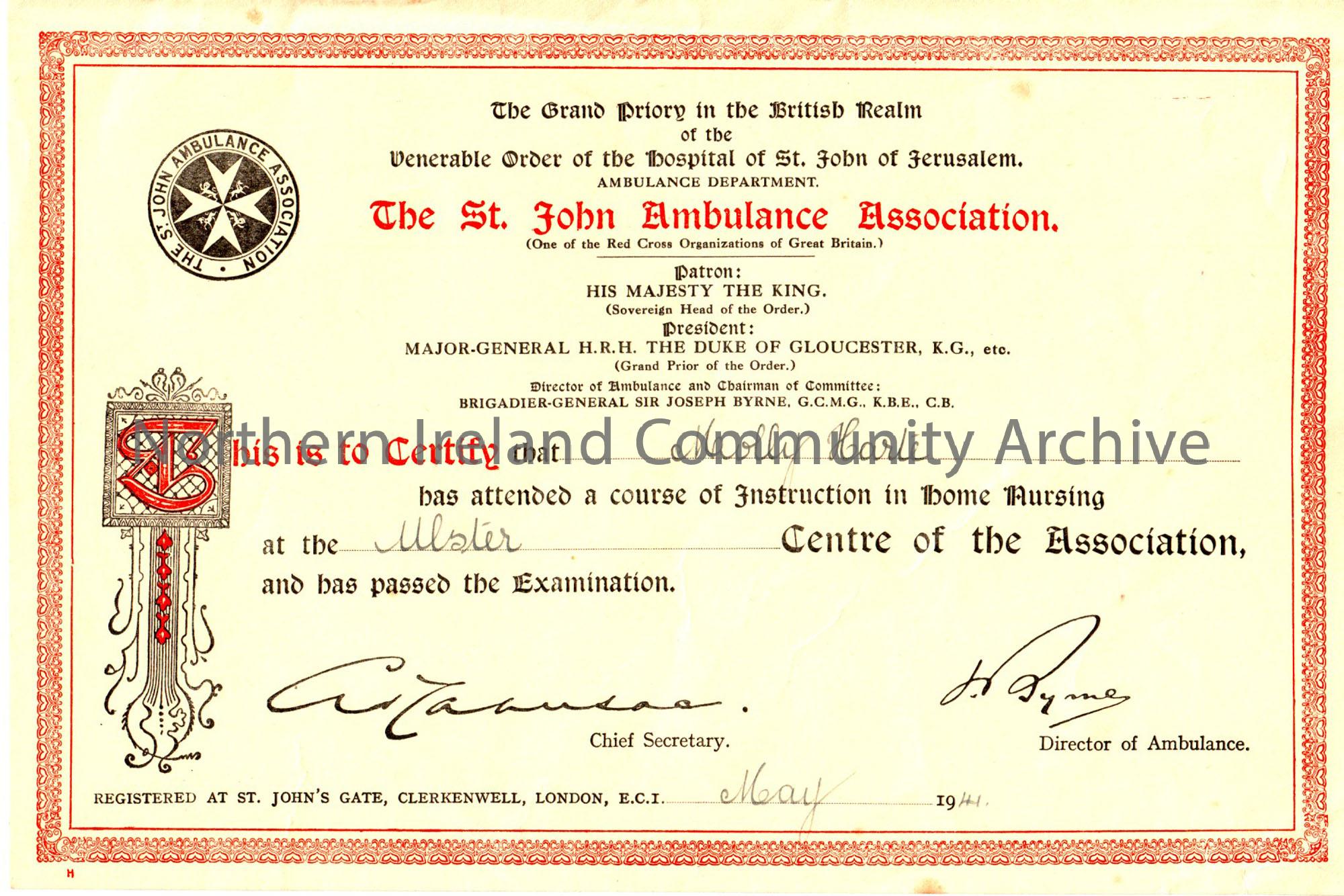 ‘Instruction in Home Nursing’, awarded to Molly Hart by the St. John Ambulance Association.