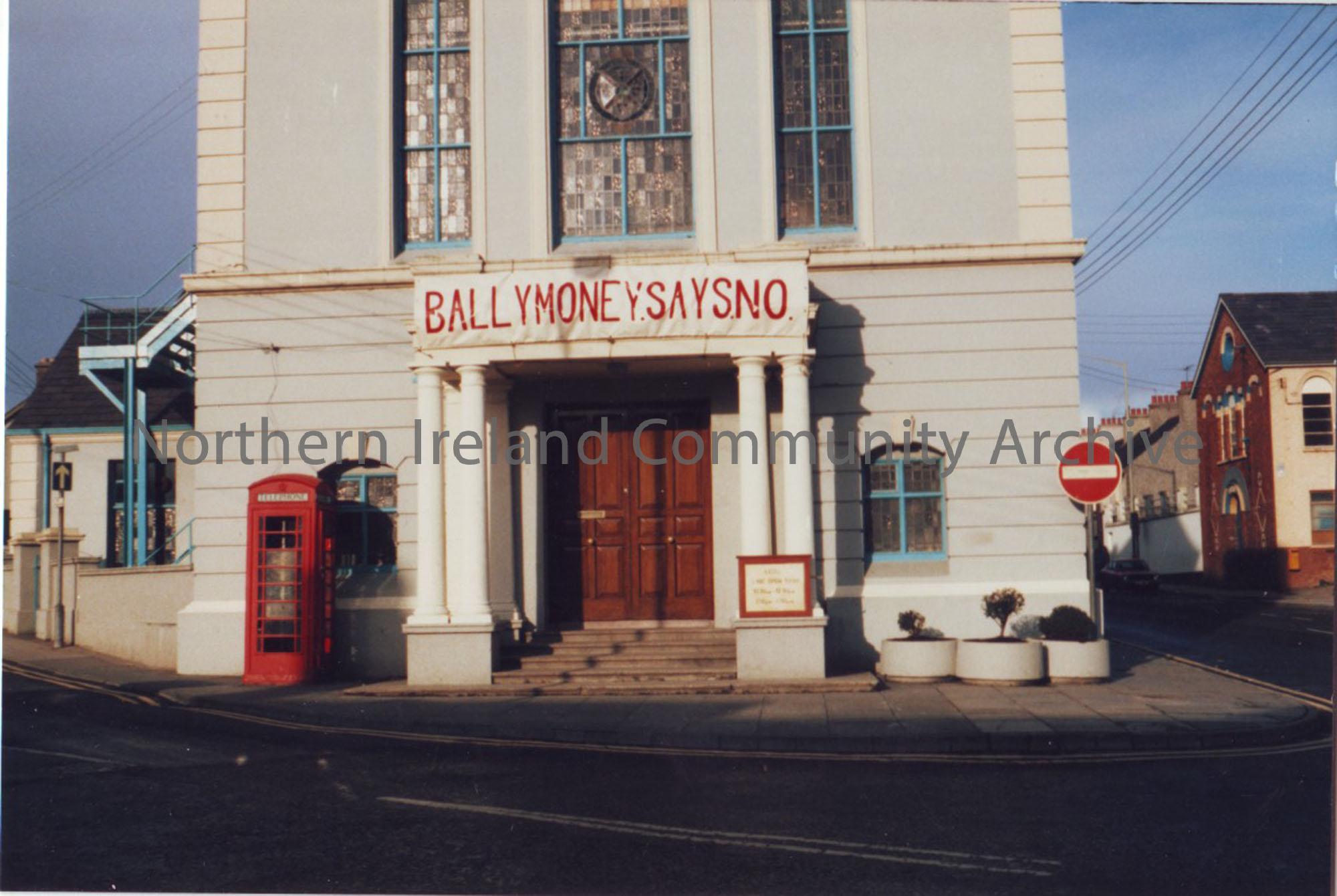 ‘Ballymoney says no’ poster outside Town Hall at the time of the Anglo-Irish agreement