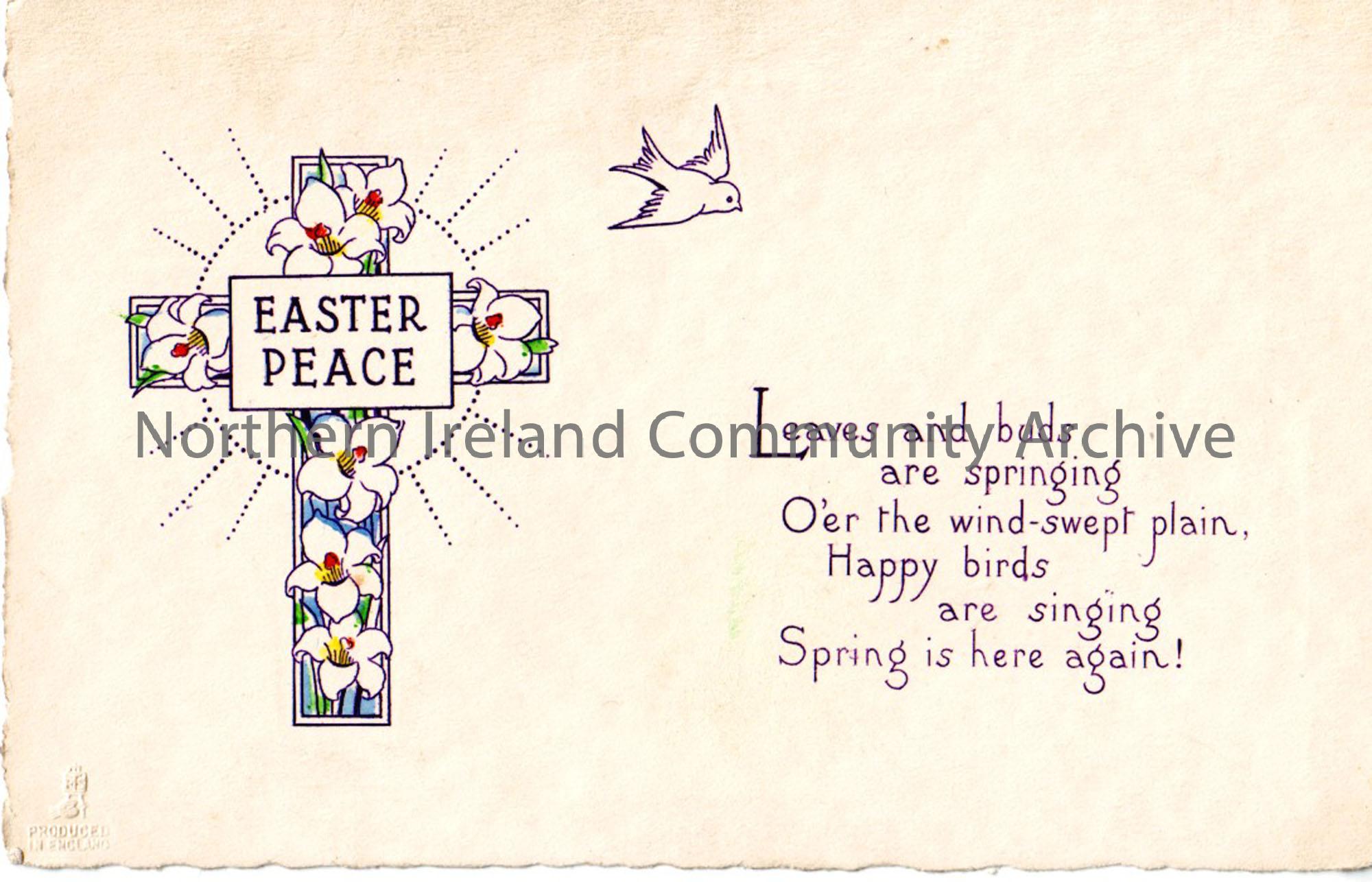 Eastercard. Cross with coloured flowers, dove and verse. Handwritten message on reverse to Mary and Mother, from Mary Murray