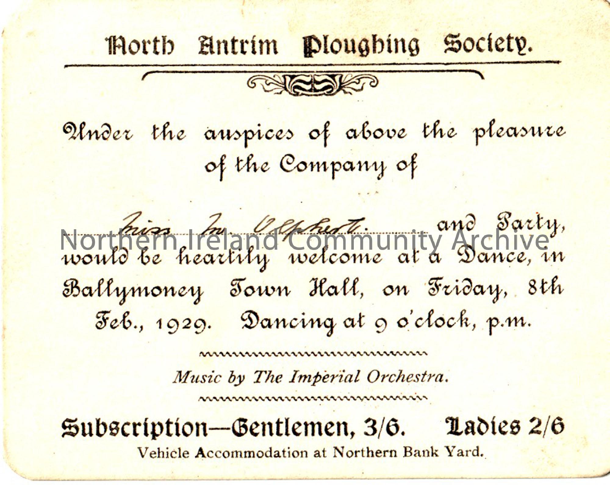 Invitation from the North Antrim Ploughing Society to Miss M. Olphert, to attend a dance in Ballymoney Town Hall on Friday, 8th February 1929