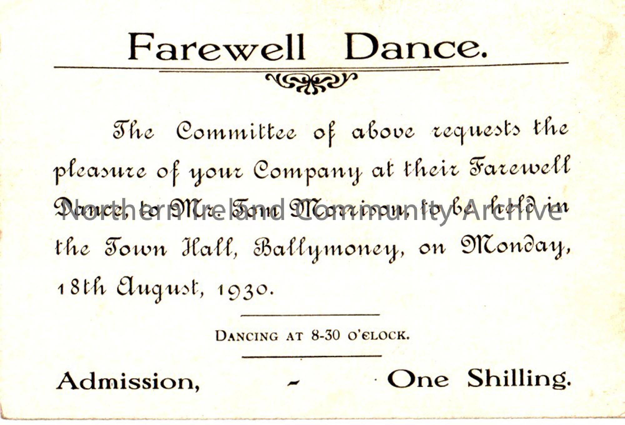 Invitation to a Farewell Dance for Mr. Tom Morrison, held in the Town Hall, Ballymoney, on Friday 18th August 1930