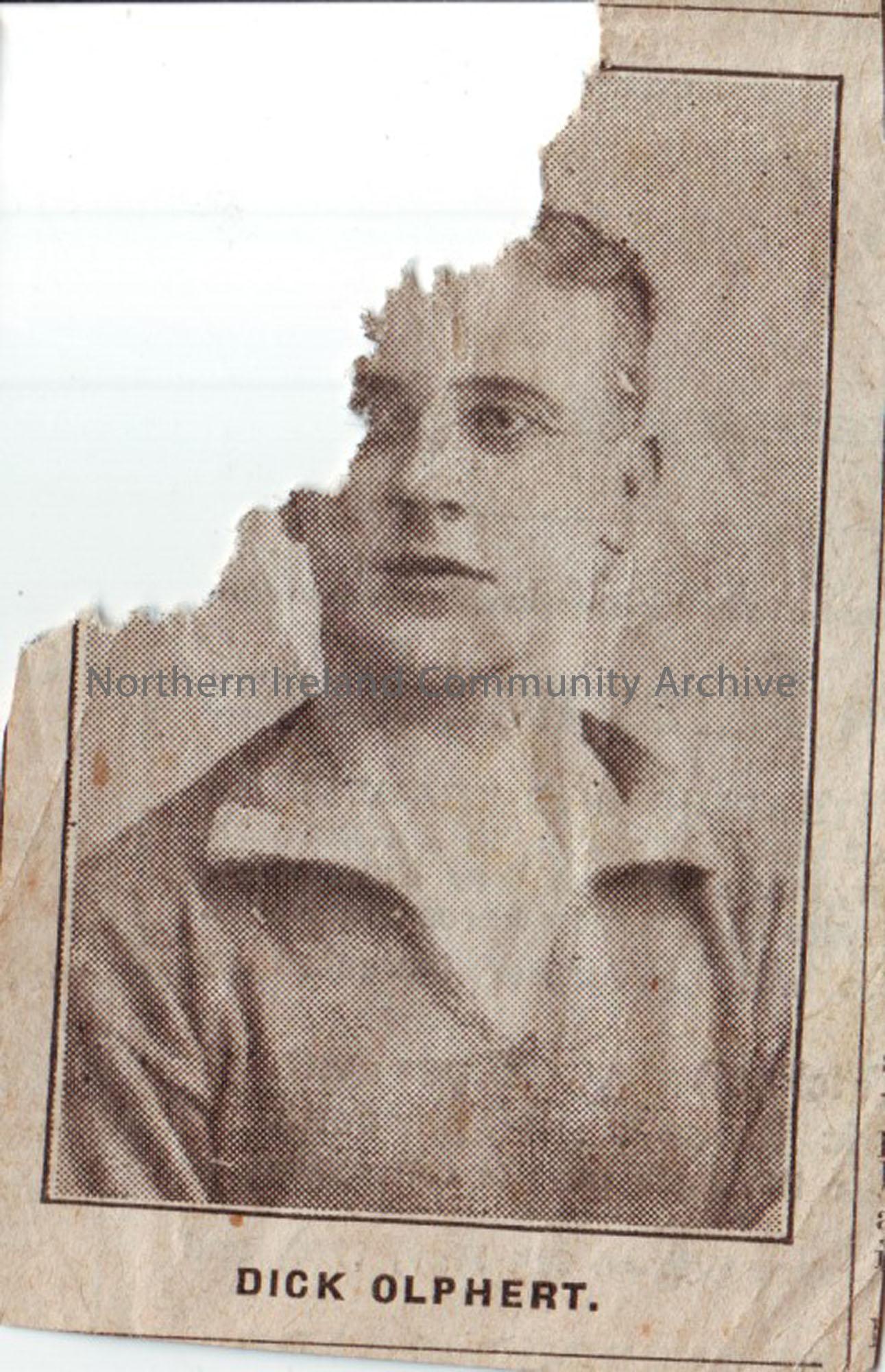 Newspaper cuttings relating to obituaries of several Ballymoney residents and a damaged photograph of Dick Olphert