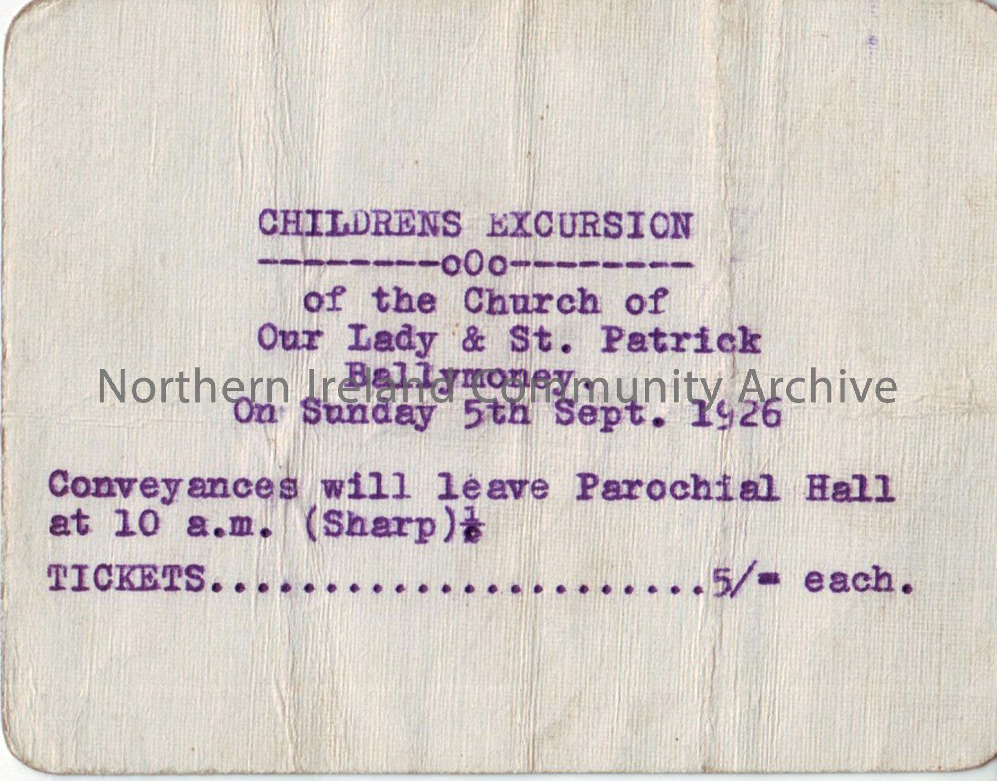 Children’s Excursion of the Church of Our Lady and St. Patrick Ballymoney, Sunday 5th September 1926