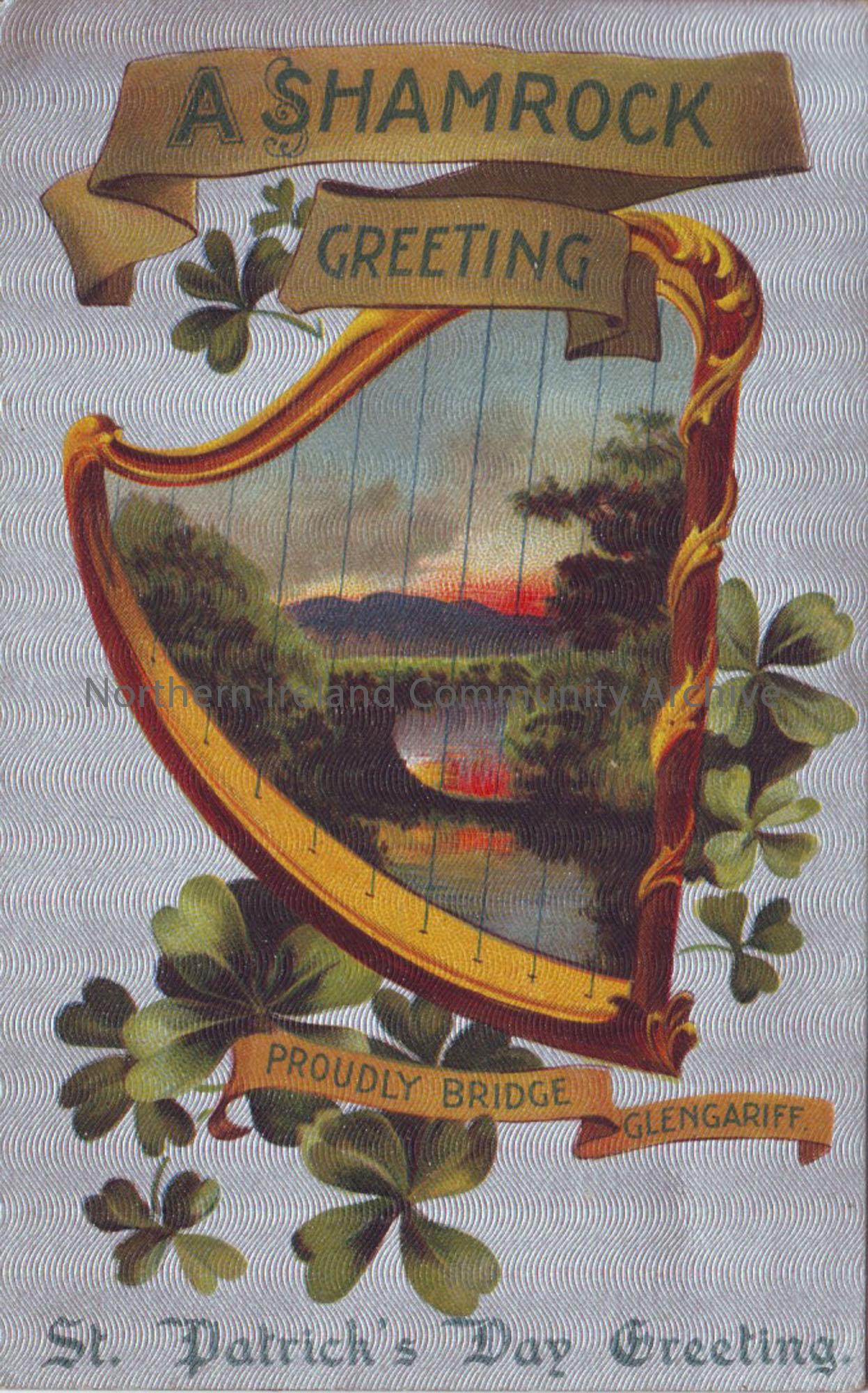 St. Patrick’s Day card, with silver background and landscape view inside a harp. Addressed to Miss Mary Olphert. Postmarked 17 March 1931