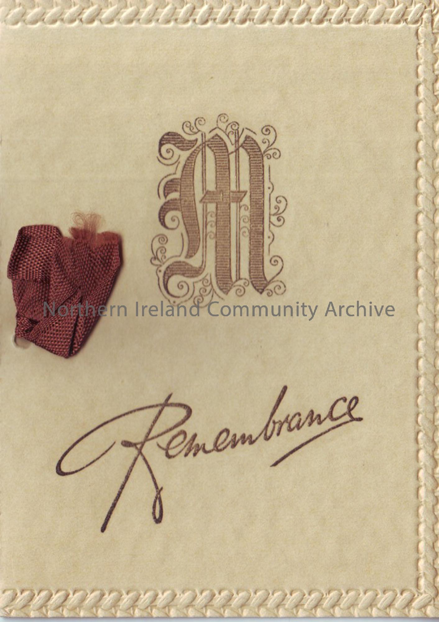 Christmas card, with verse inside. Initialled ‘M’ and ‘Remembrance’ on front. From Mr and Mrs F. J. McLoughlin, 6 Market Road, Ballymena, 1933.