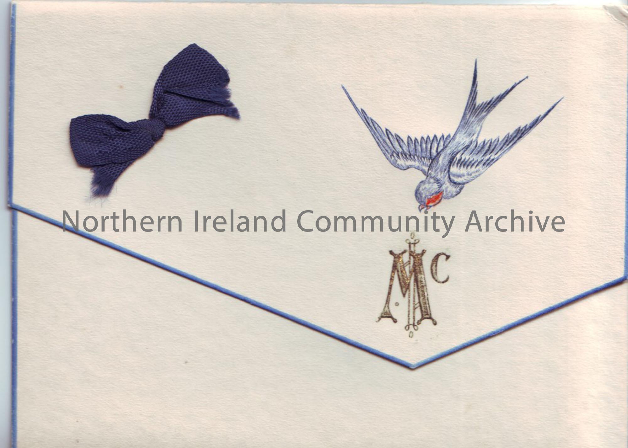 Christmas card, with verse inside. Initialled ‘Mc’ on front and blue bird. From Mr and Mrs F. J. McLoughlin, 6 Market Road, Ballymena, 1934.